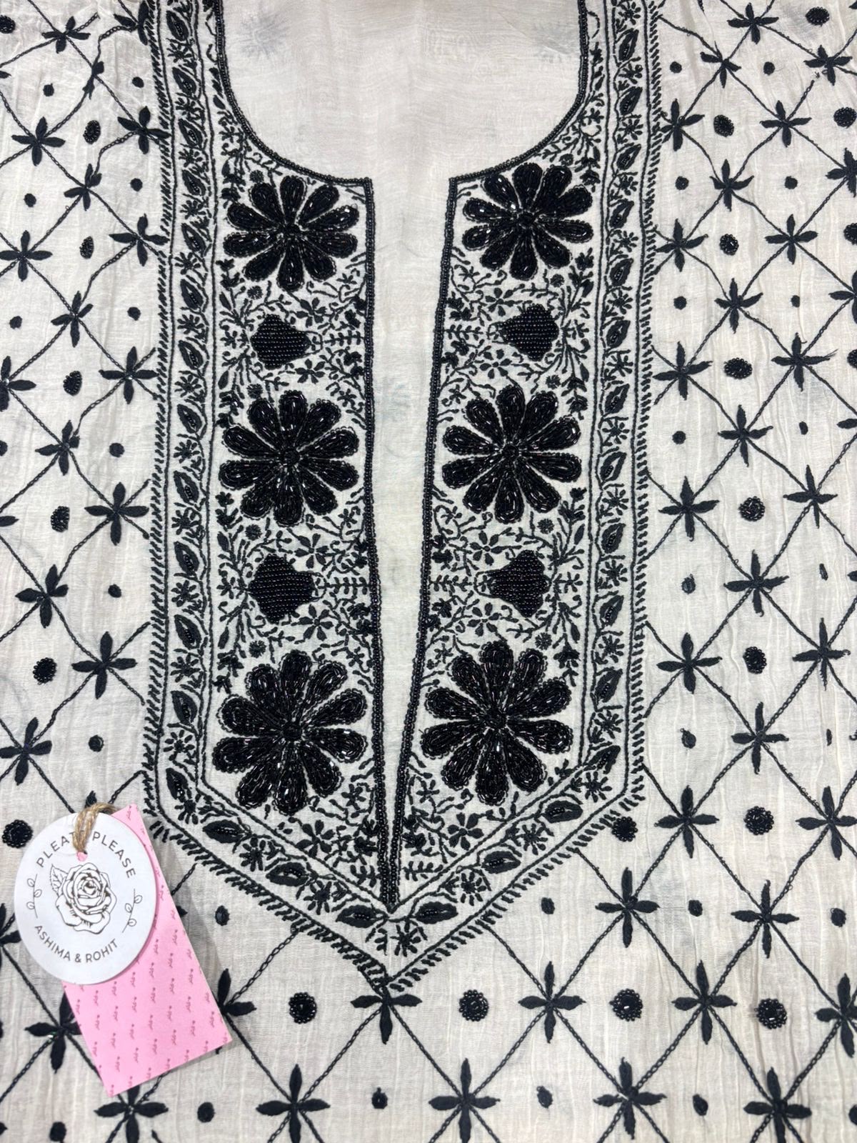 Dyeable  Black & White Chanderi Mul Chikankari Kurta & Dupatta