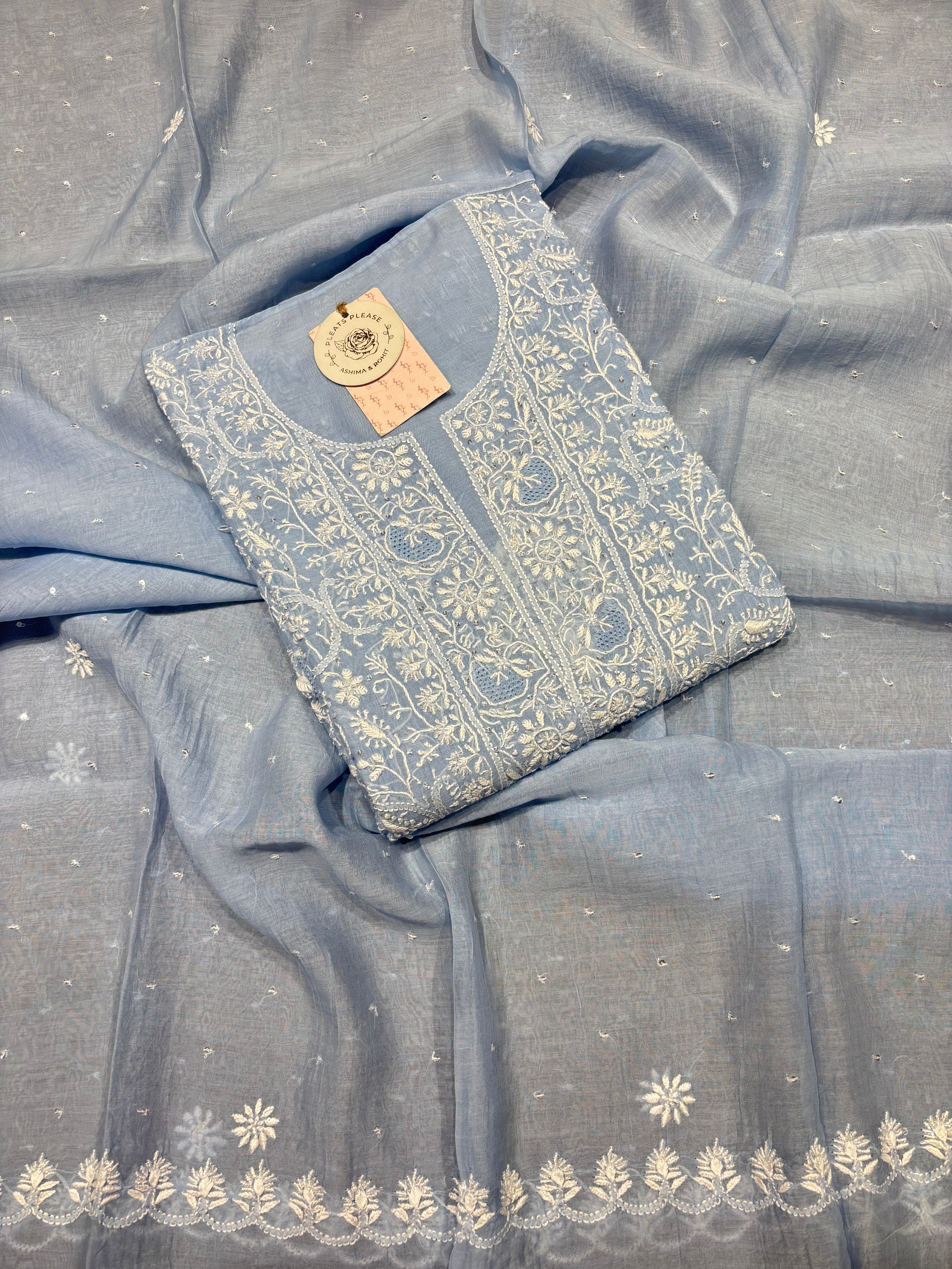 Powder Blue Chanderi Mul Chikankari Kurta & Dupatta Set
