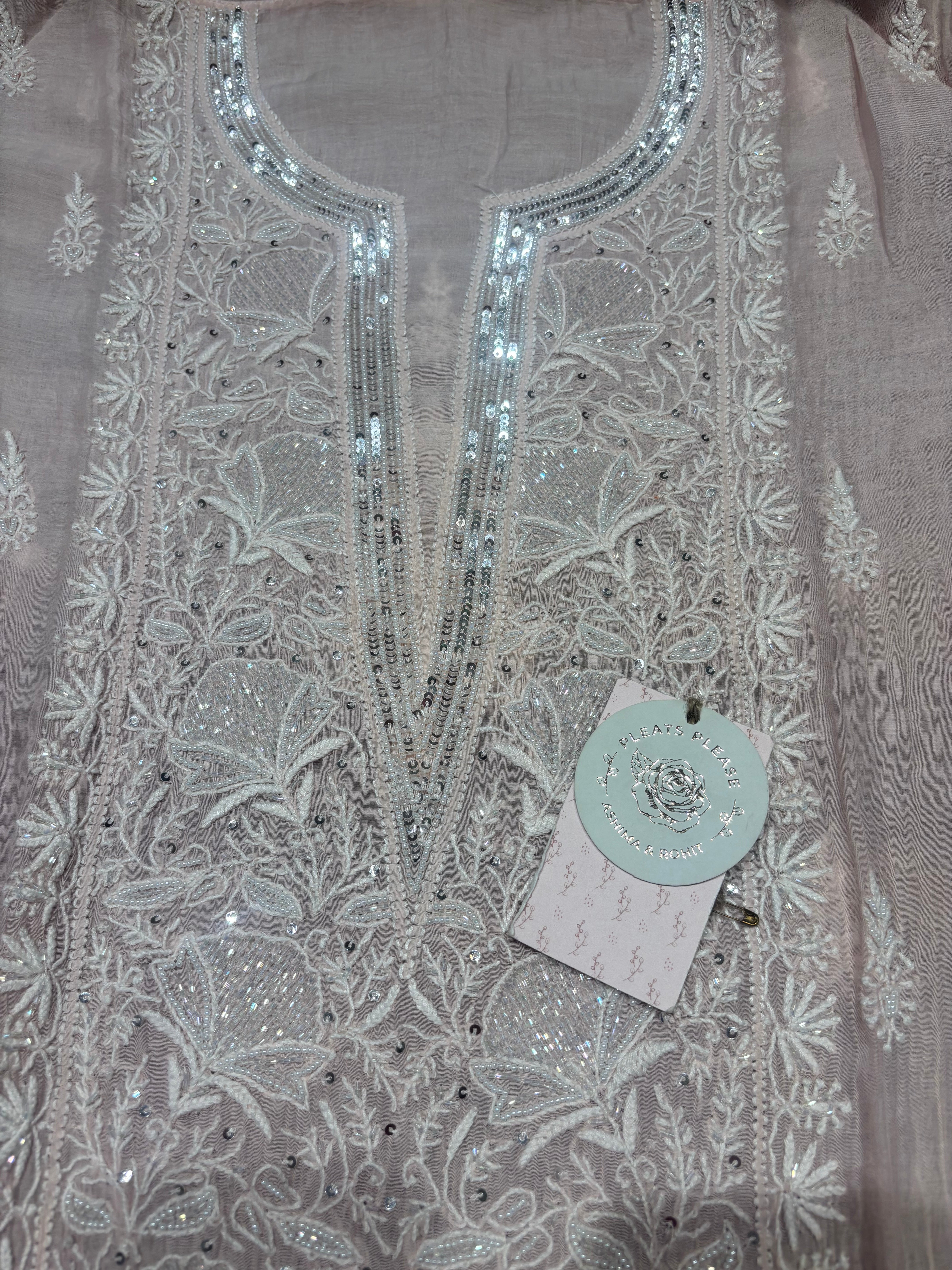 Peach Chanderi Mul Chikankari Kurta & Dupatta Set