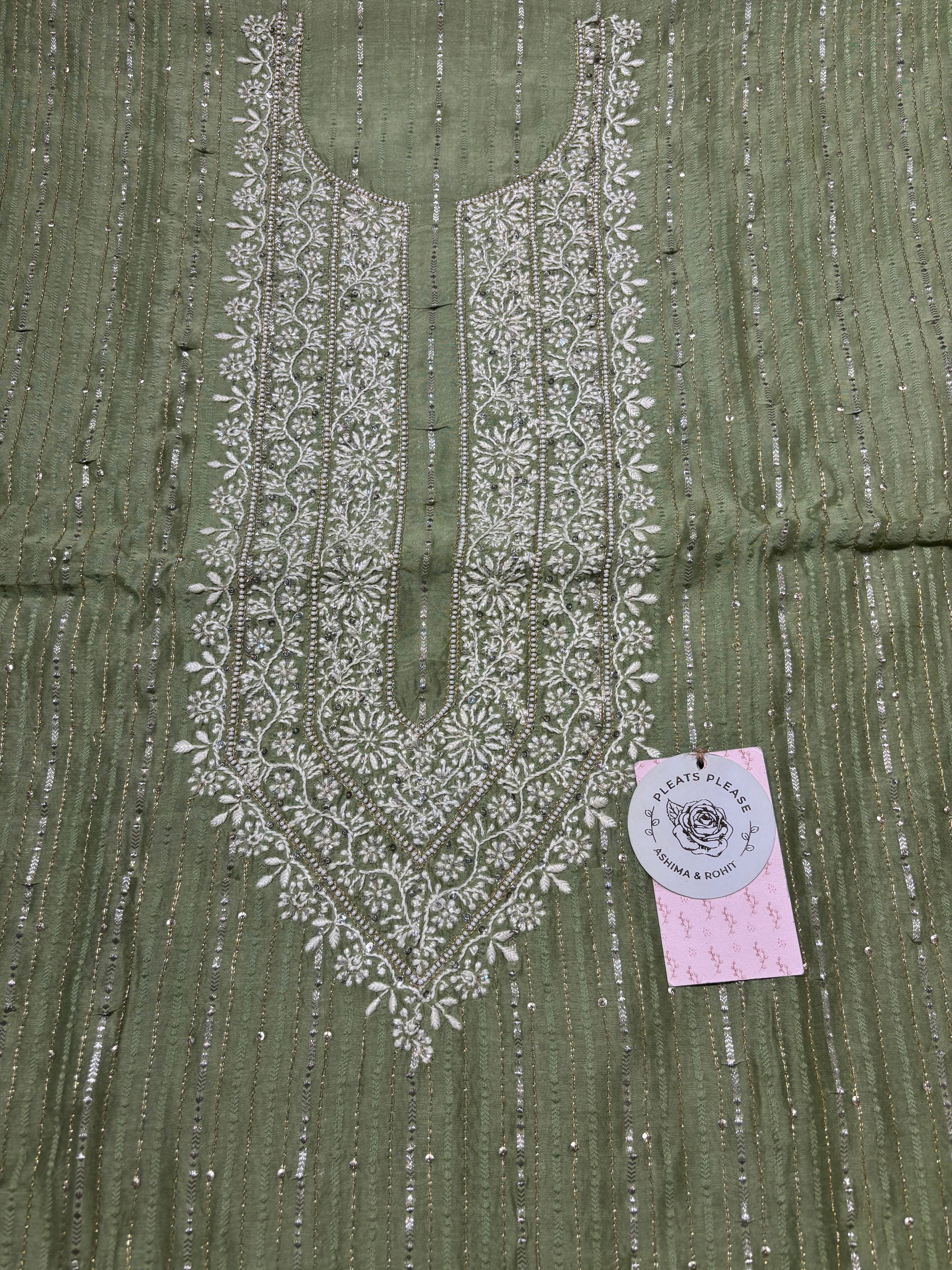 Green Chanderi Silk Chikankari Men’s Kurta Fabric