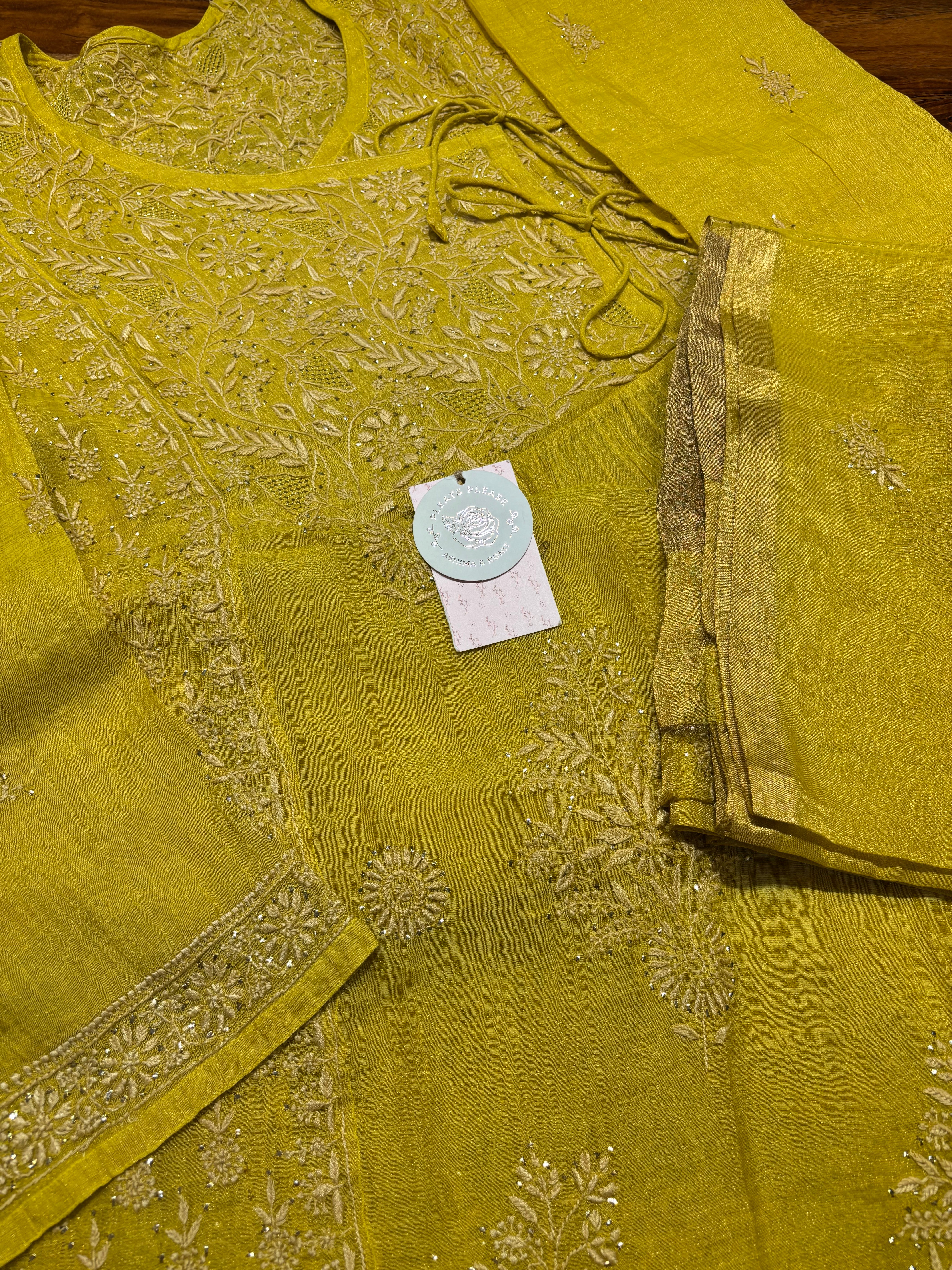 Yellow Pure and Premium Tissue Chikankari & Mukaish Angrakha and Dupatta Set