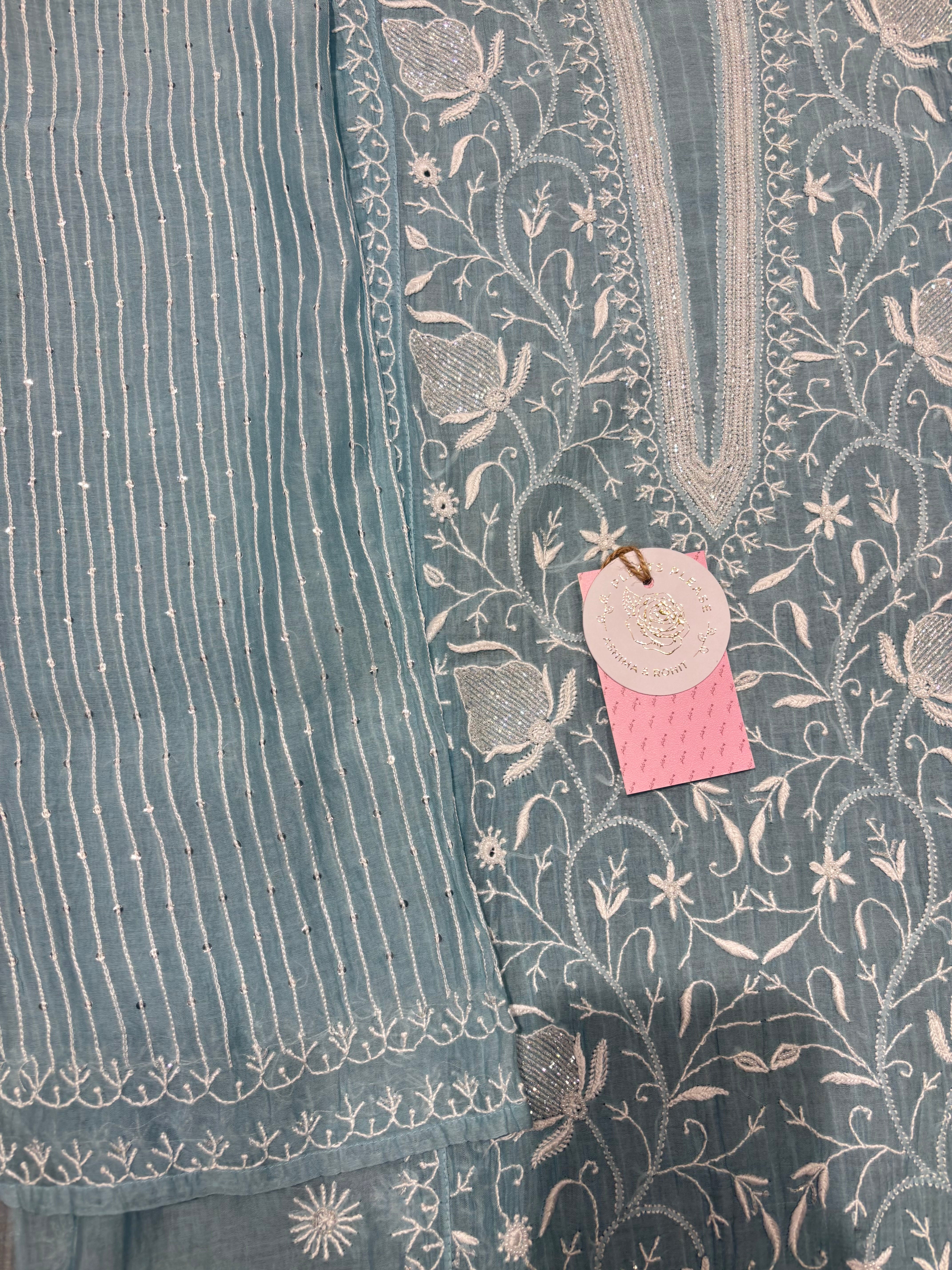 Powder Blue Chanderi Mul Chikankari Kurta and Dupatta Set