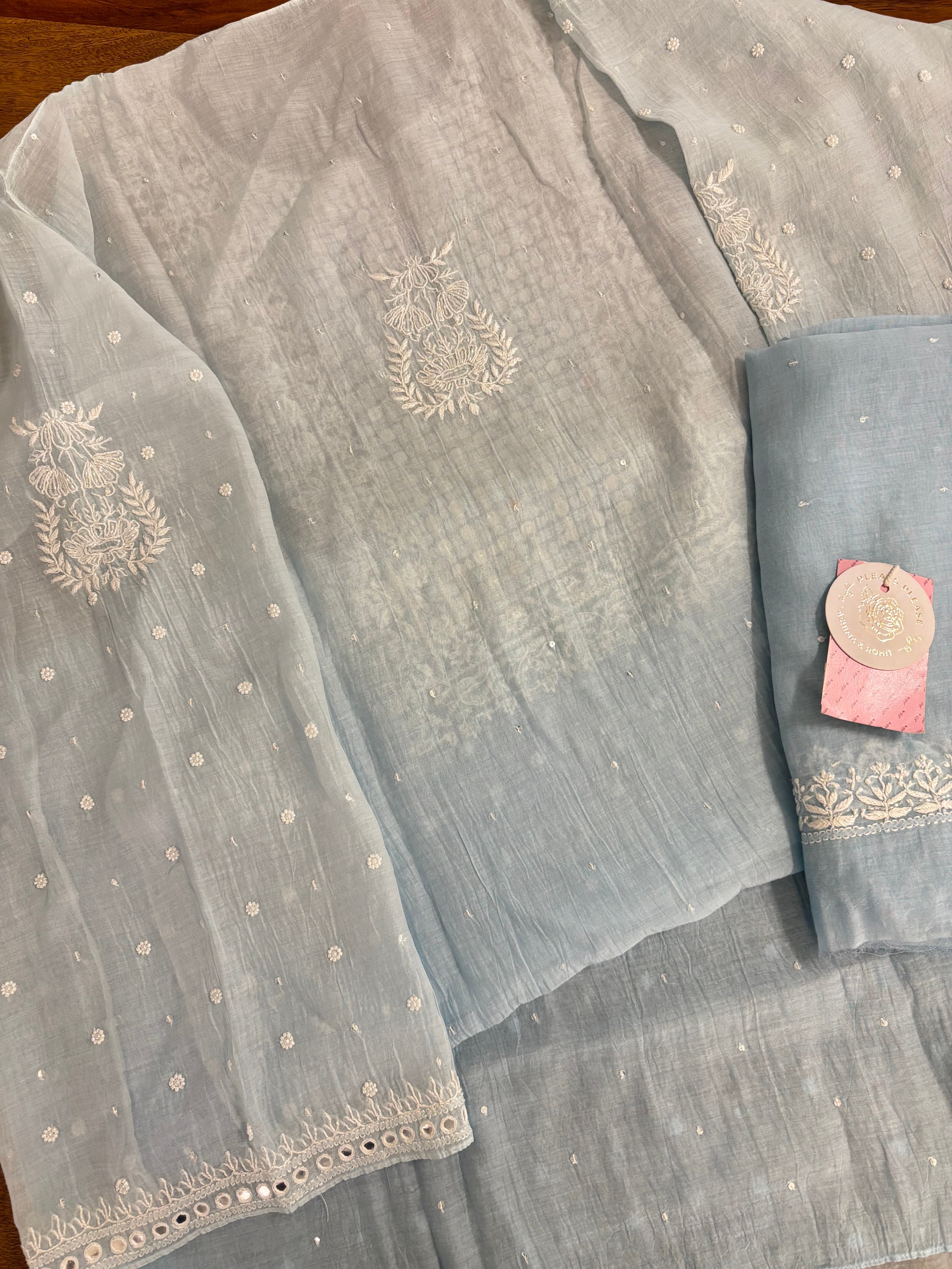 Pastel Blue Pure Chanderi Ombre Chikankari Kurta & Dupatta - Pleats PleaseChikankari
