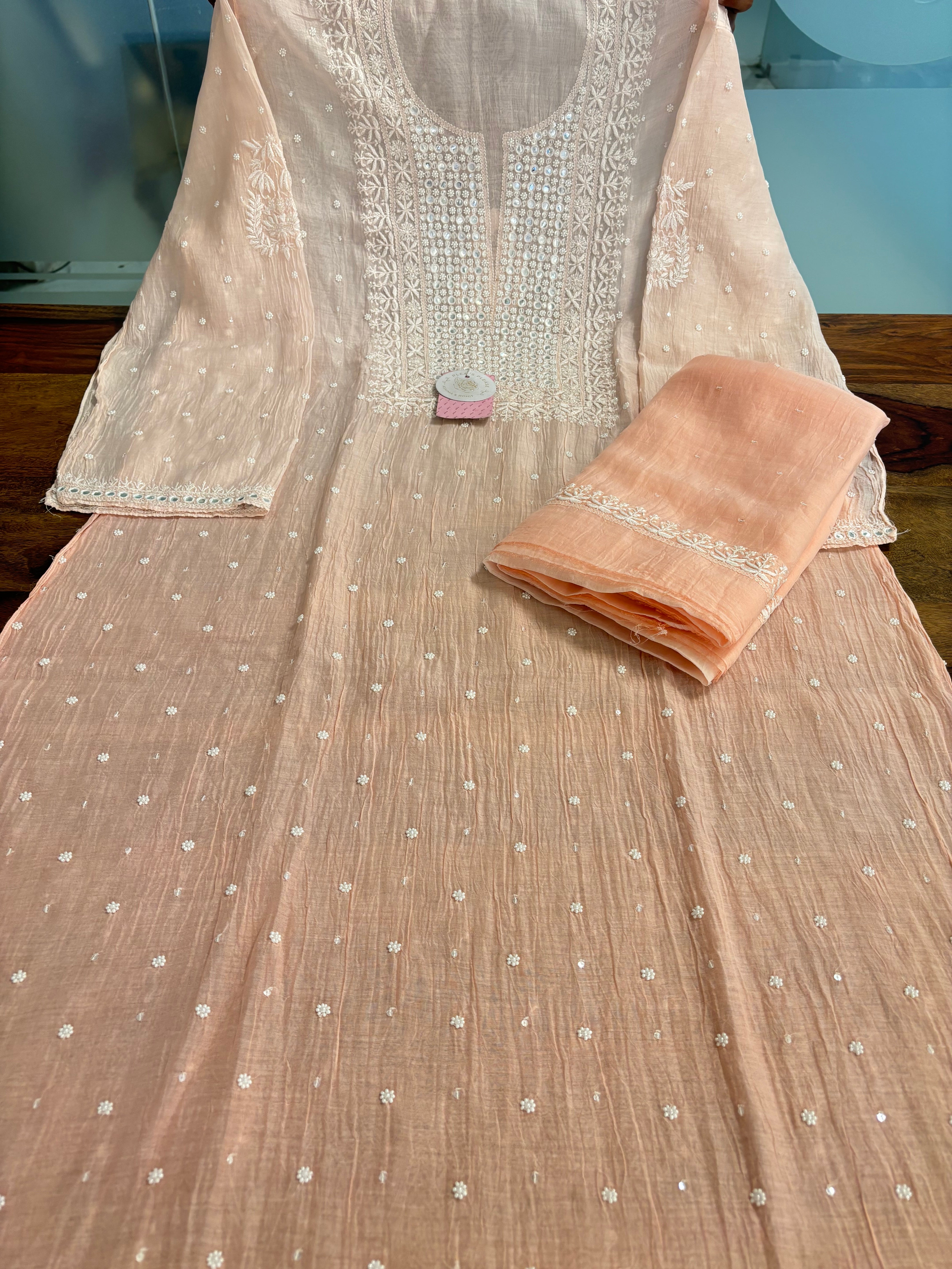 Pastel Peach Pure Chanderi Ombre Chikankari Kurta & Dupatta Set
