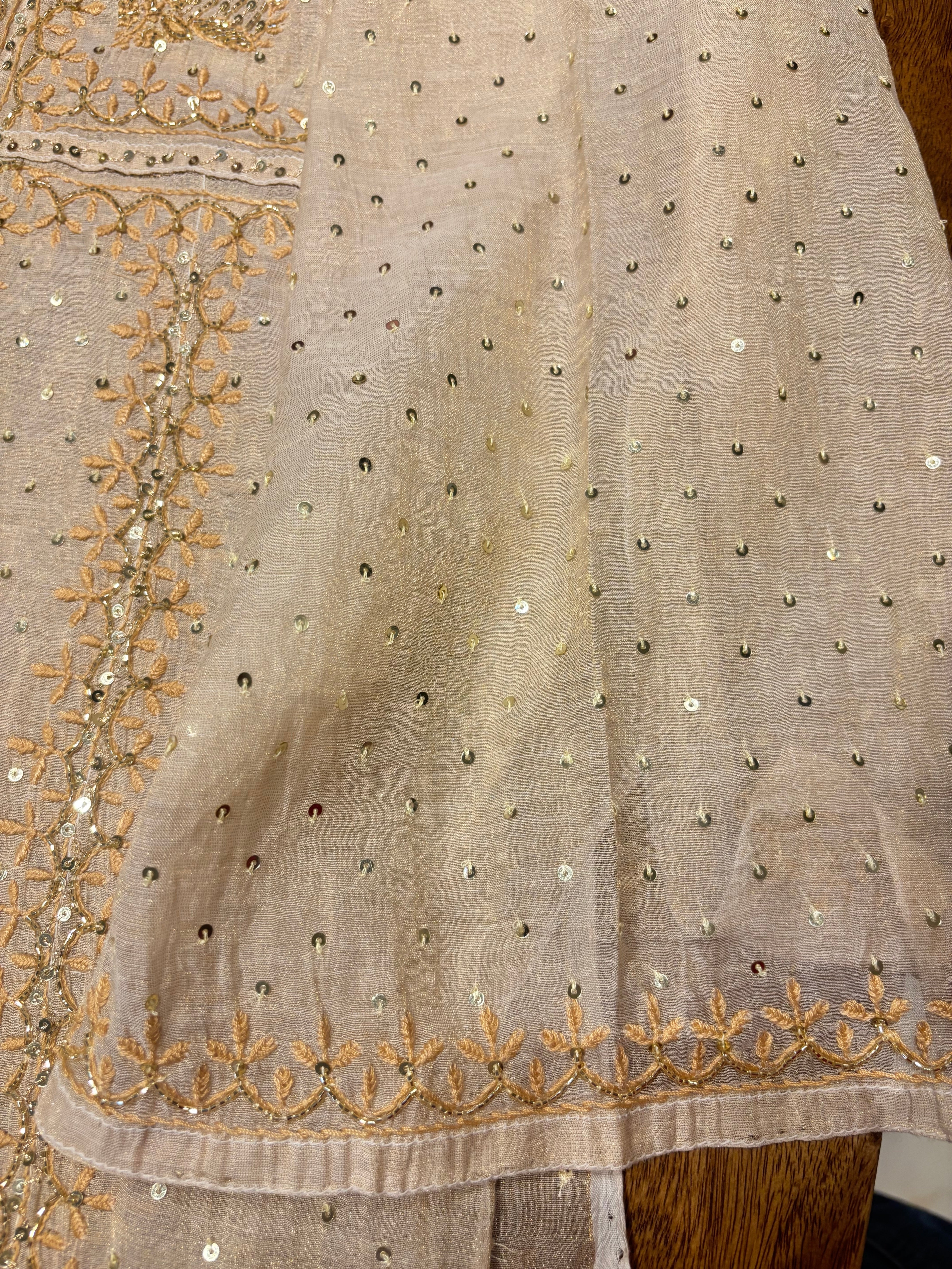 Dyeable Golden Pure Tissue Chikankari A line Anarkali and Dupatta Pearl Neckline