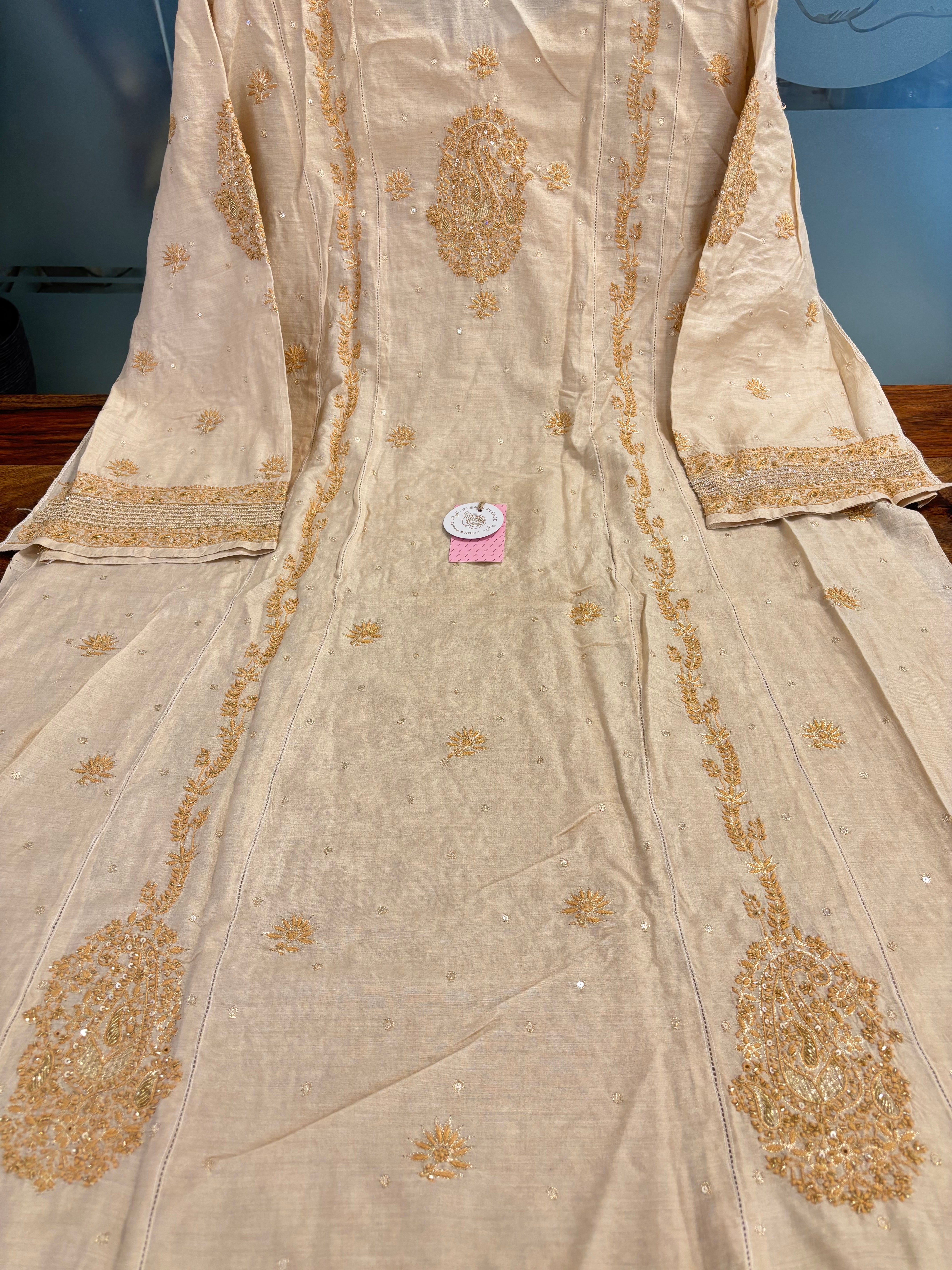 Dyeable Natural Monga Silk Chikankari A-Line Kurta & Dupatta - Pleats PleaseChikankari