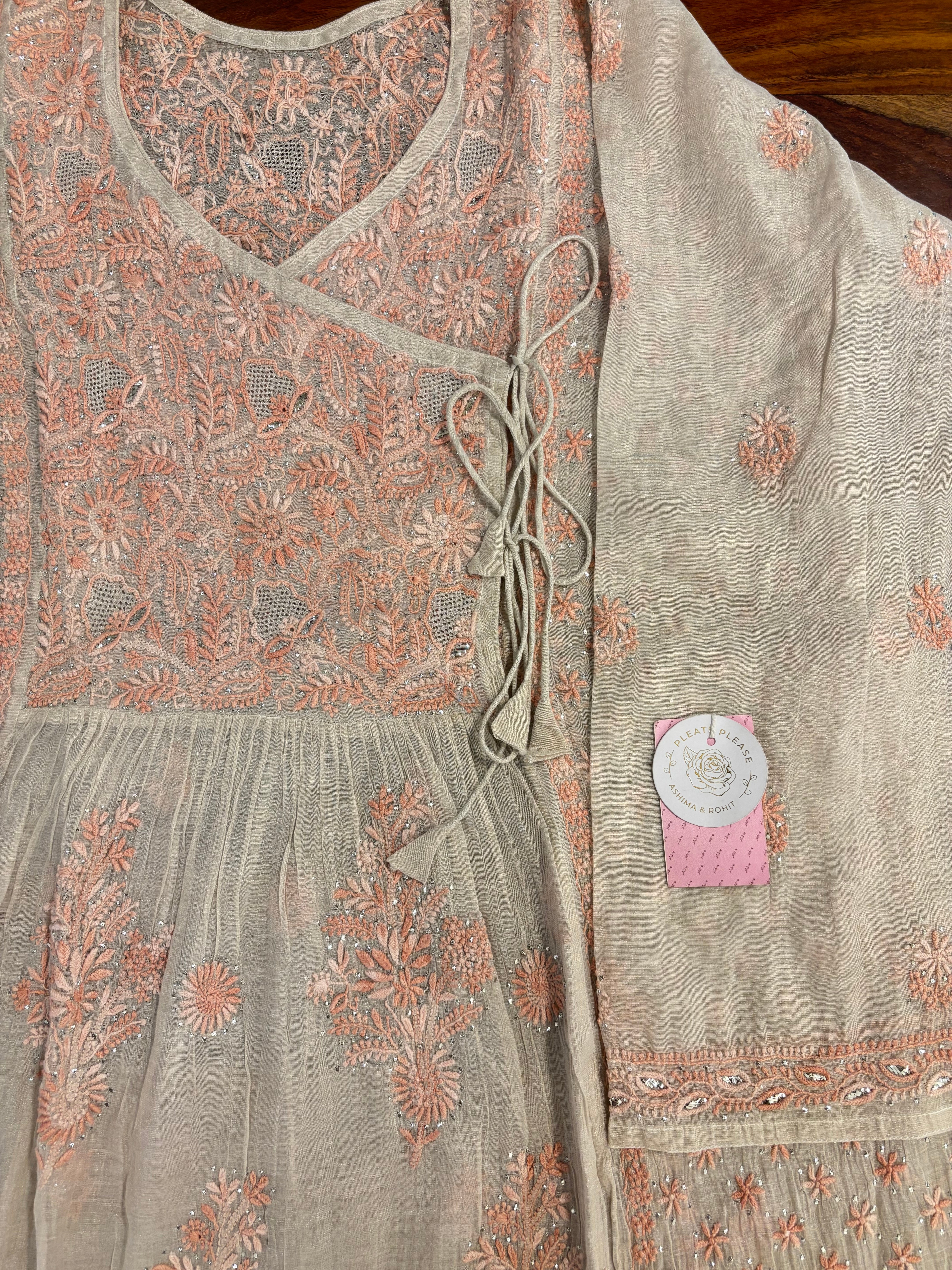 Dyeable Pure & Premium Silver Tissue Mukaish Chikankari Angrakha Kurta & Dupatta