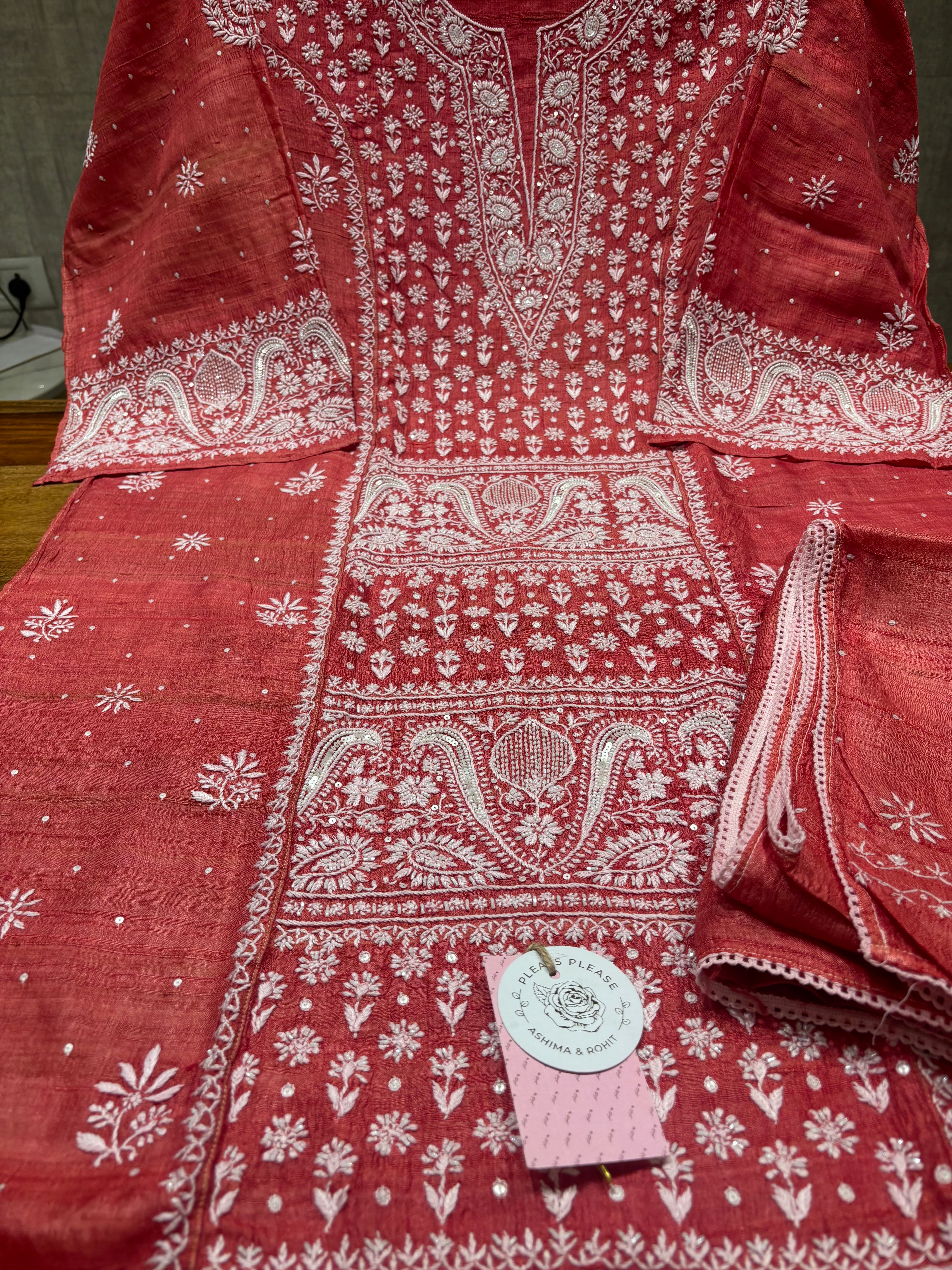 Red Pure & Premium Tussar Silk Chikankari Kurta & Dupatta Set