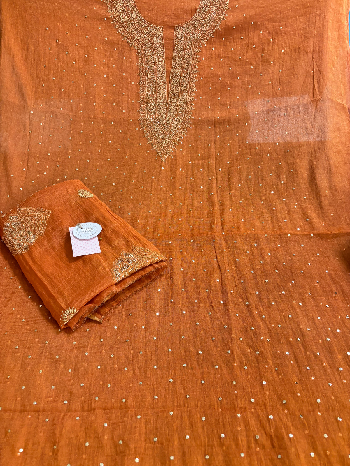 Burnt Orange Pure & Premium Tissue Chikankari Mukaish Kurta & Dupatta