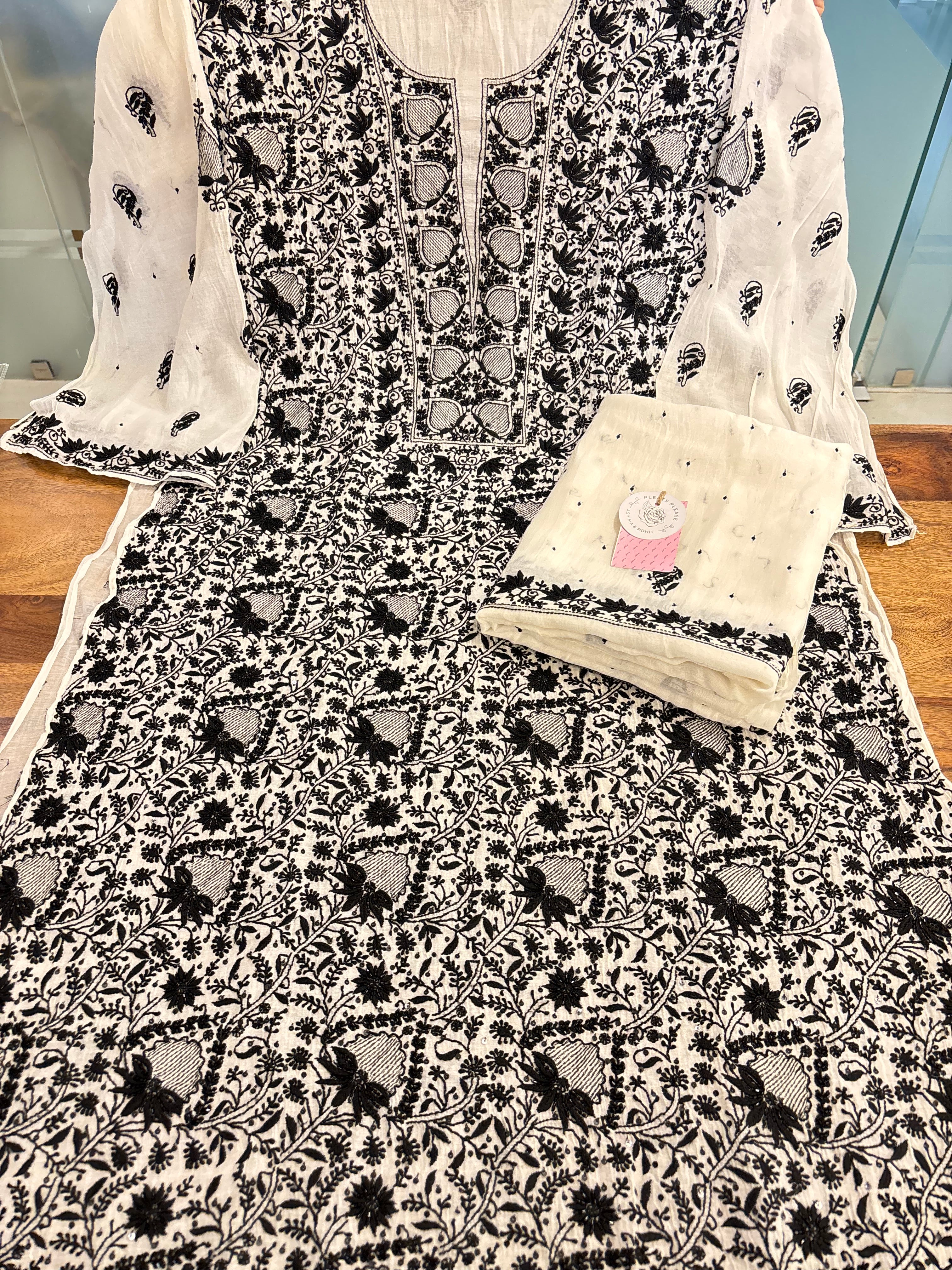 Dyeable Chanderi Black & White Chikankari Kurta & Dupatta