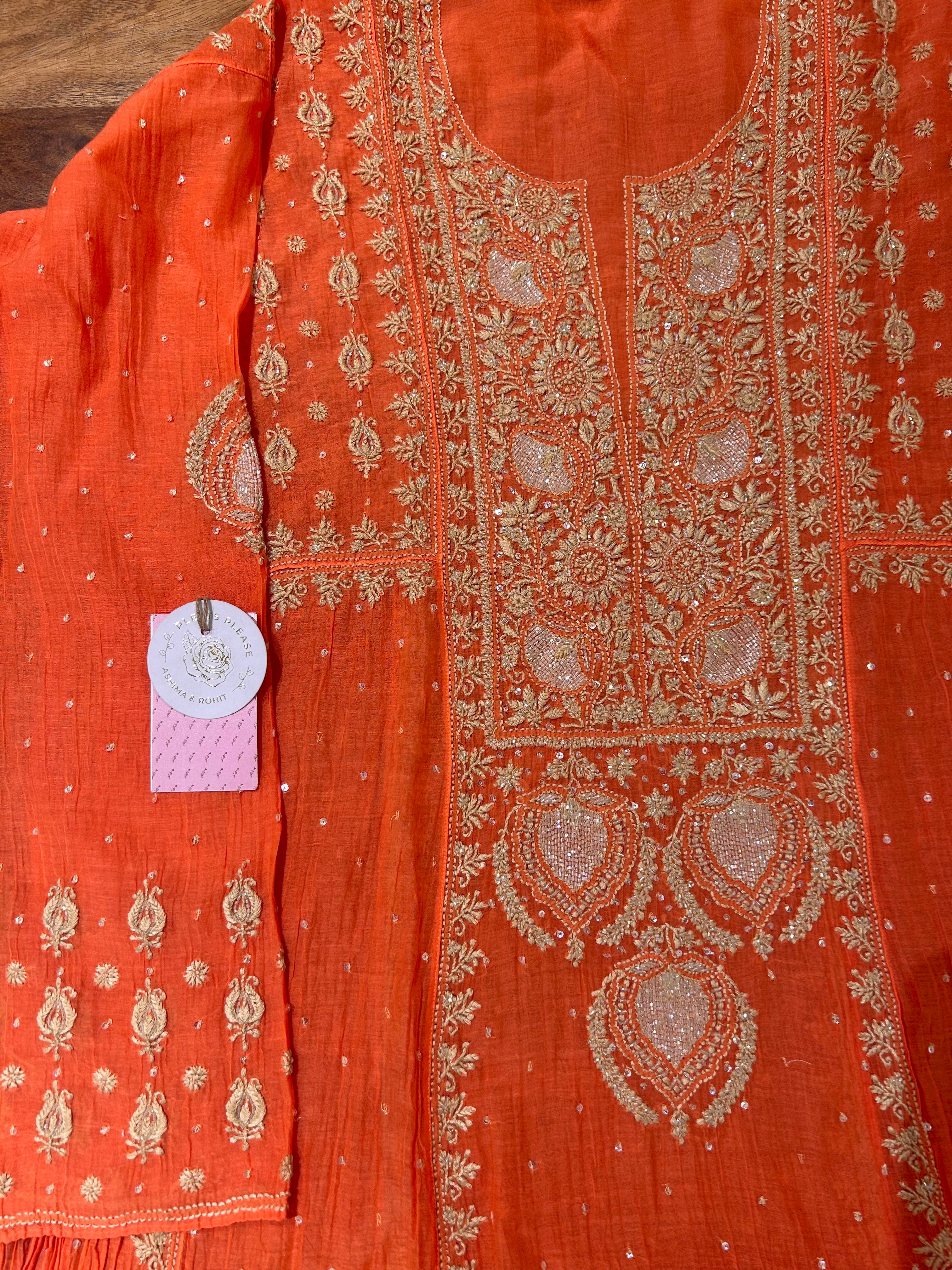 Coral peach Chanderi Chikankari A-line Kurta & Dupatta