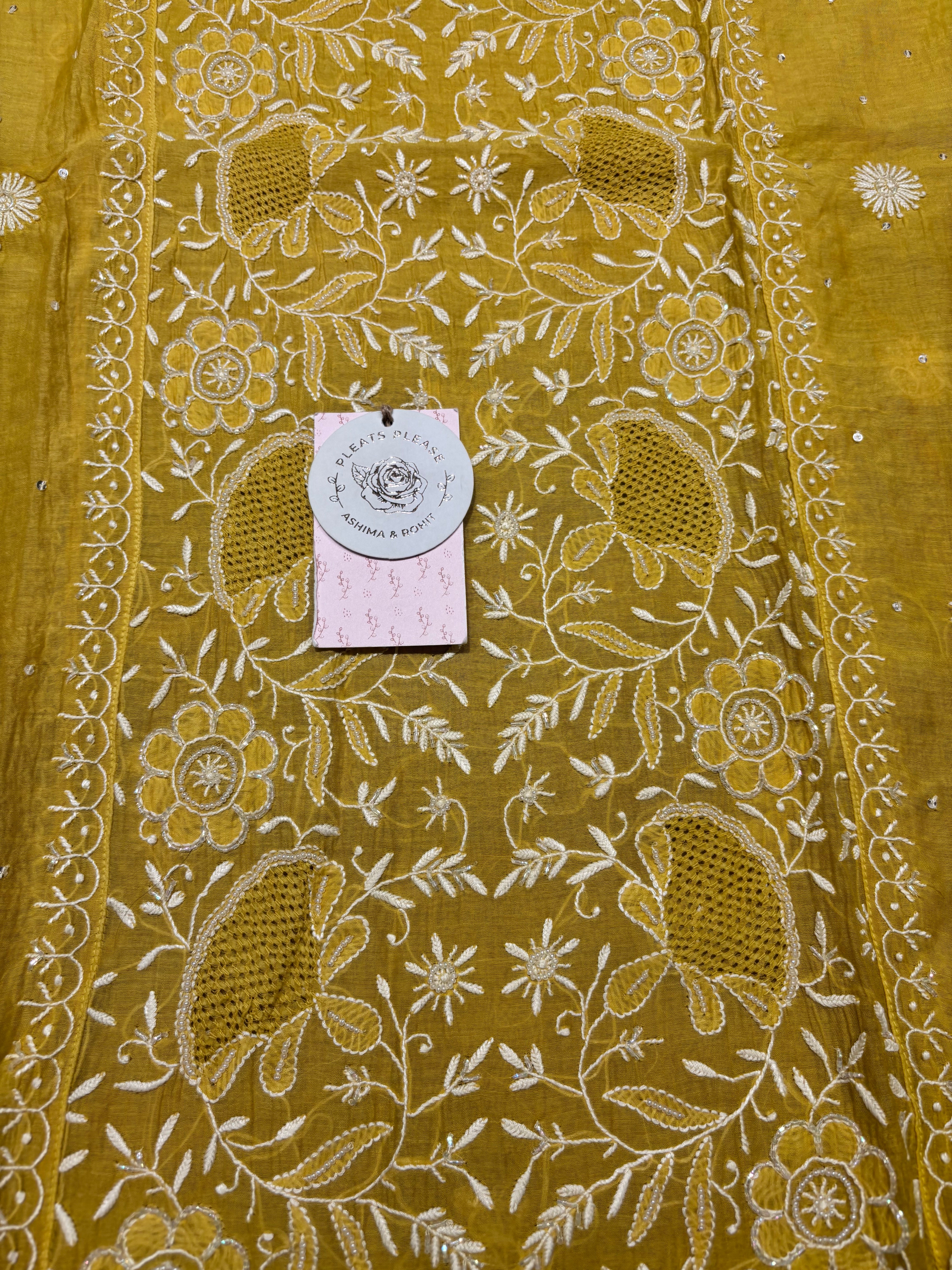Mustard Chanderi Mul Chikankari Kurta and Dupatta Set