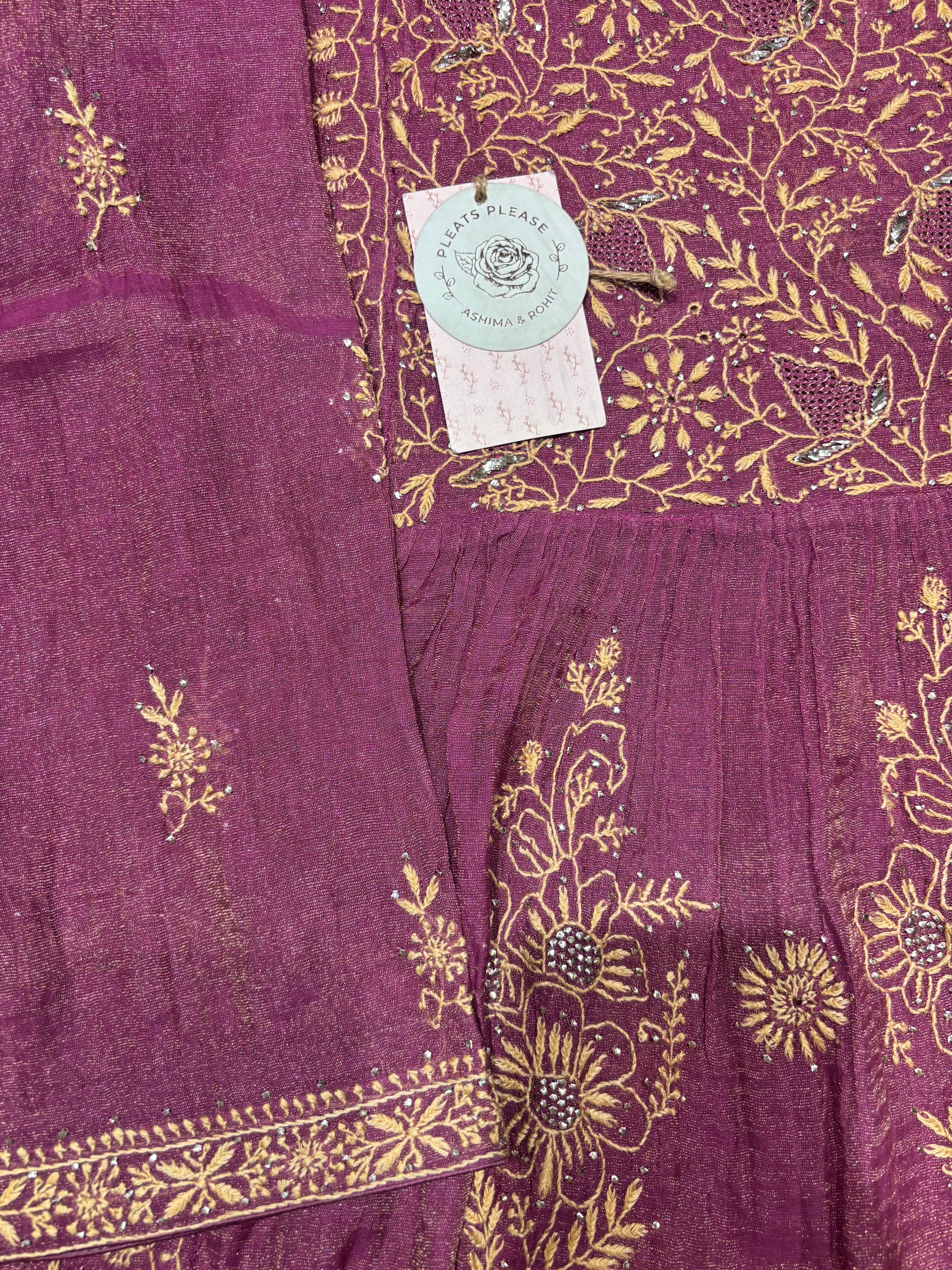 Purple Pure & Premium Tissue Chikankari Angrakha Kurta and Dupatta set