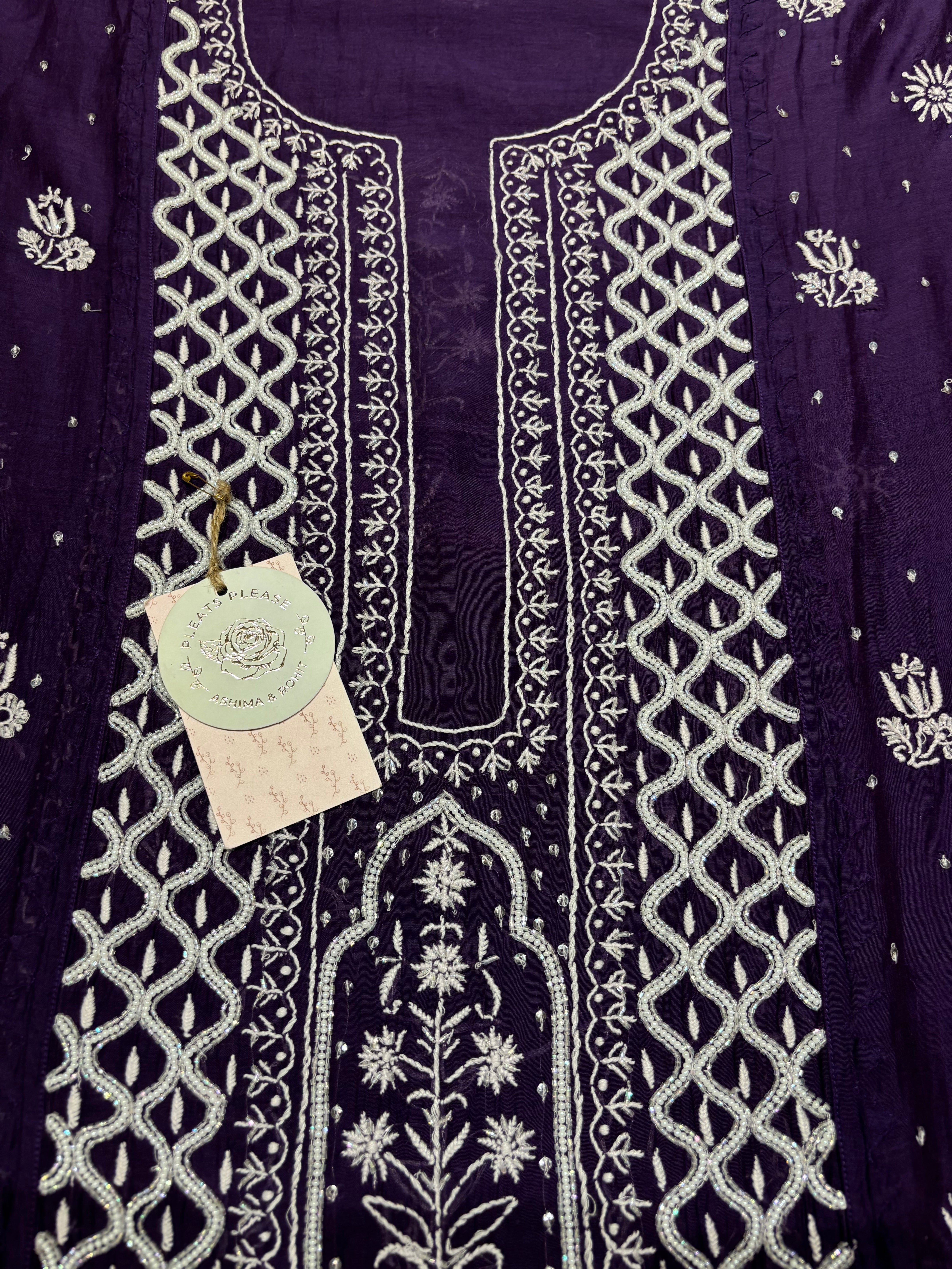 Aubergine Bloom Chanderi Mul Chikankari Kurta And Dupatta Set