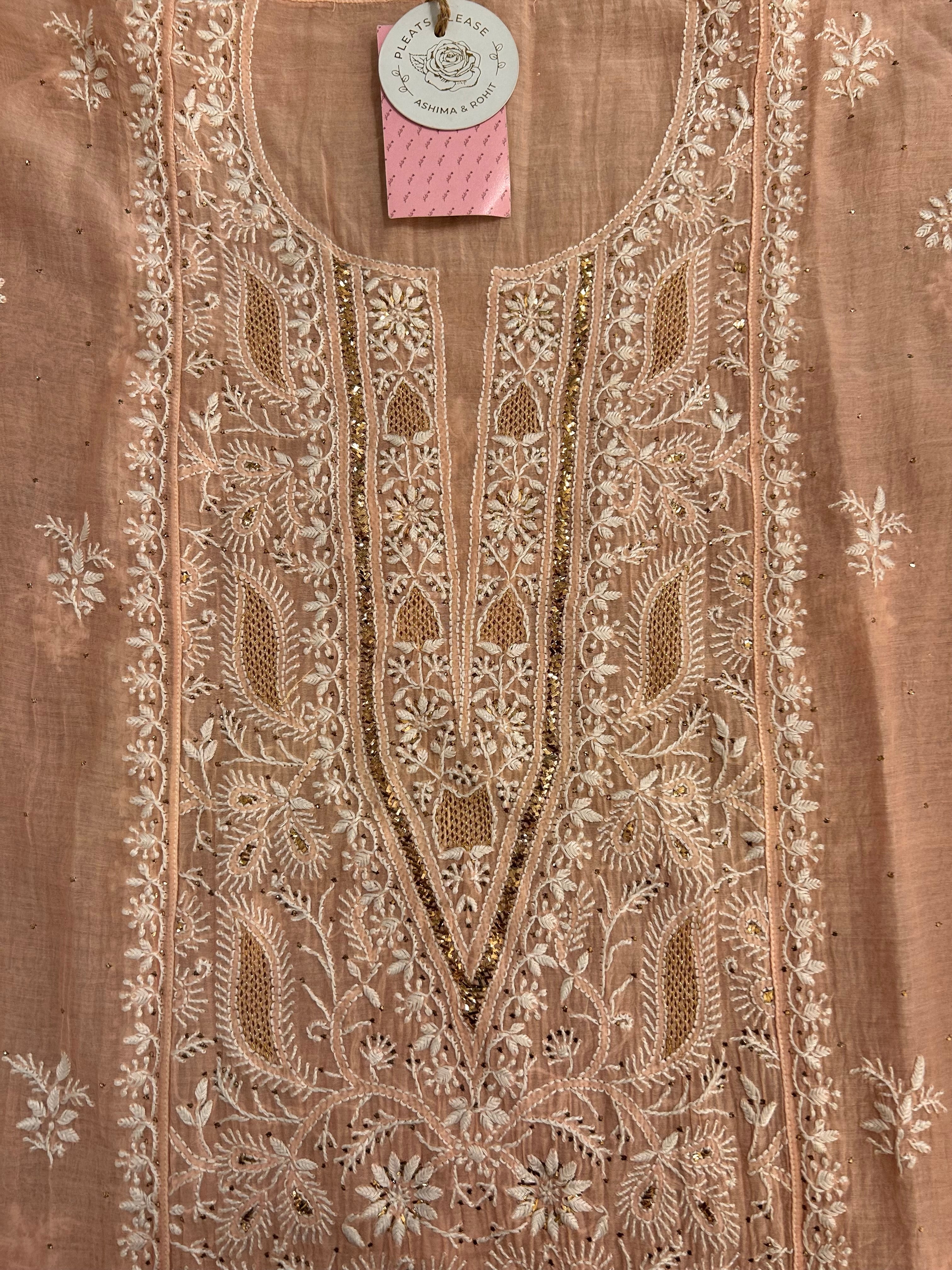 Peach Chanderi Chikankari Mukaish Kurta & Dupatta