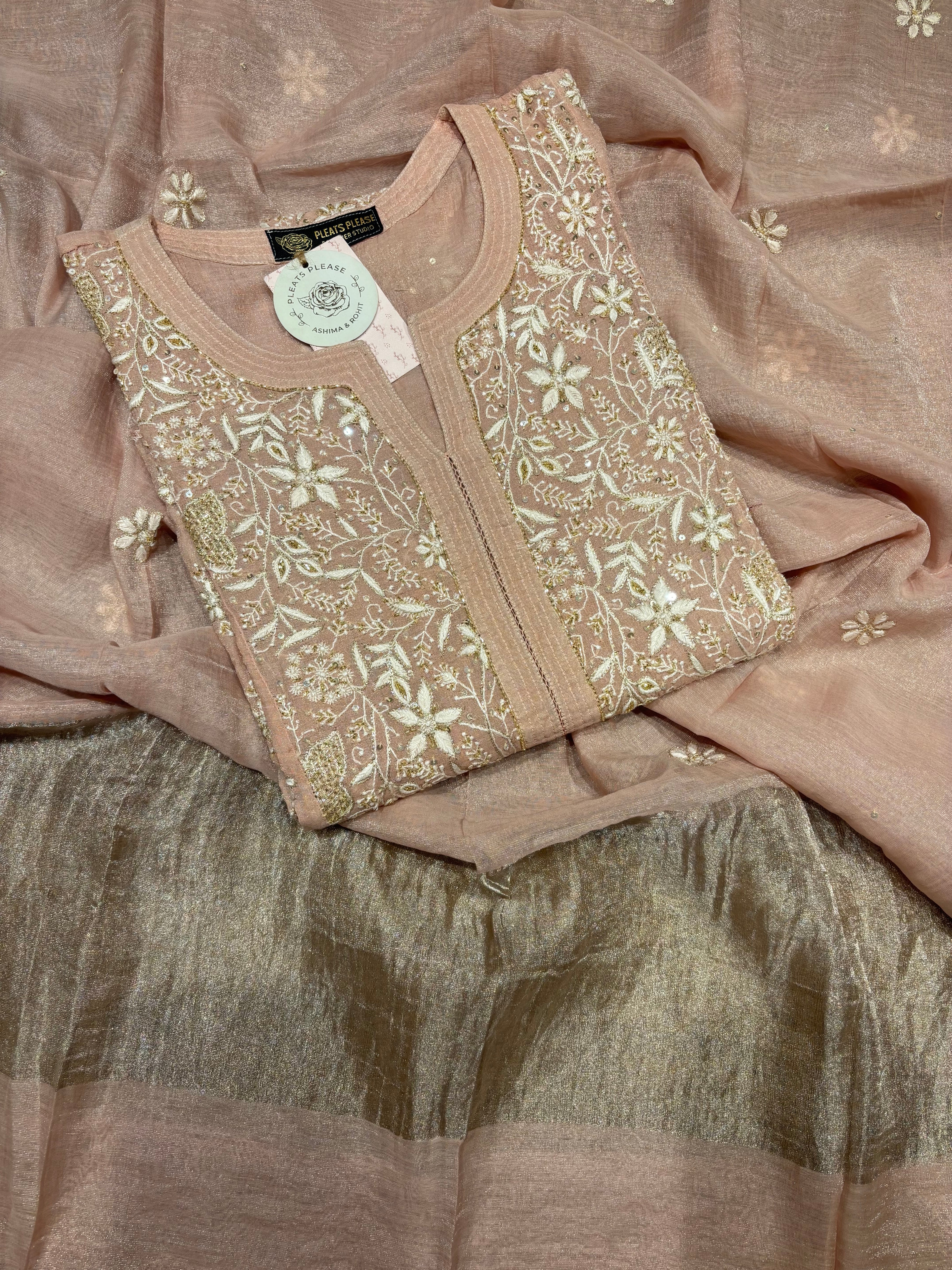 Pink Pure and Premium Silver Tissue Chikankari Kurta and Dupatta Set