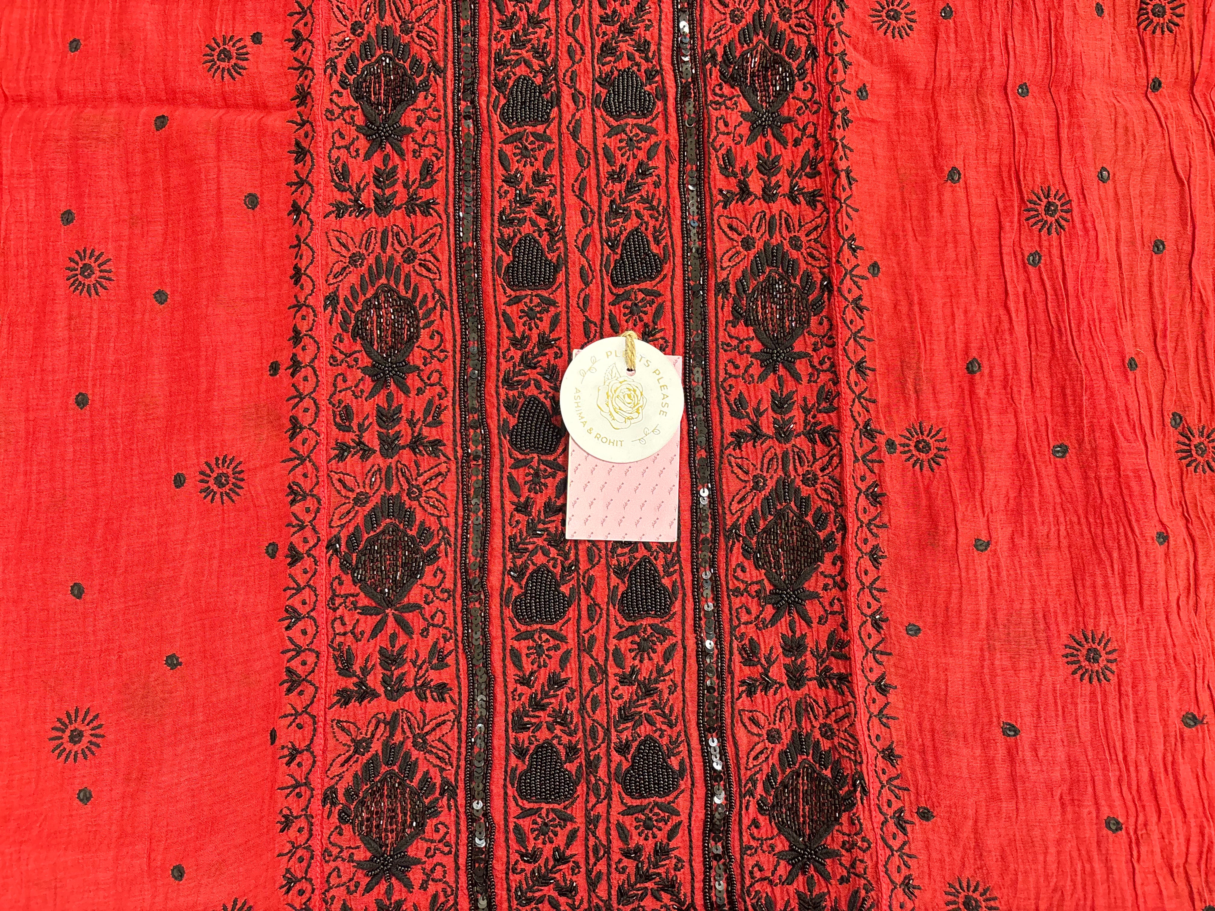 Red Chanderi Chikankari Kurta & Dupatta