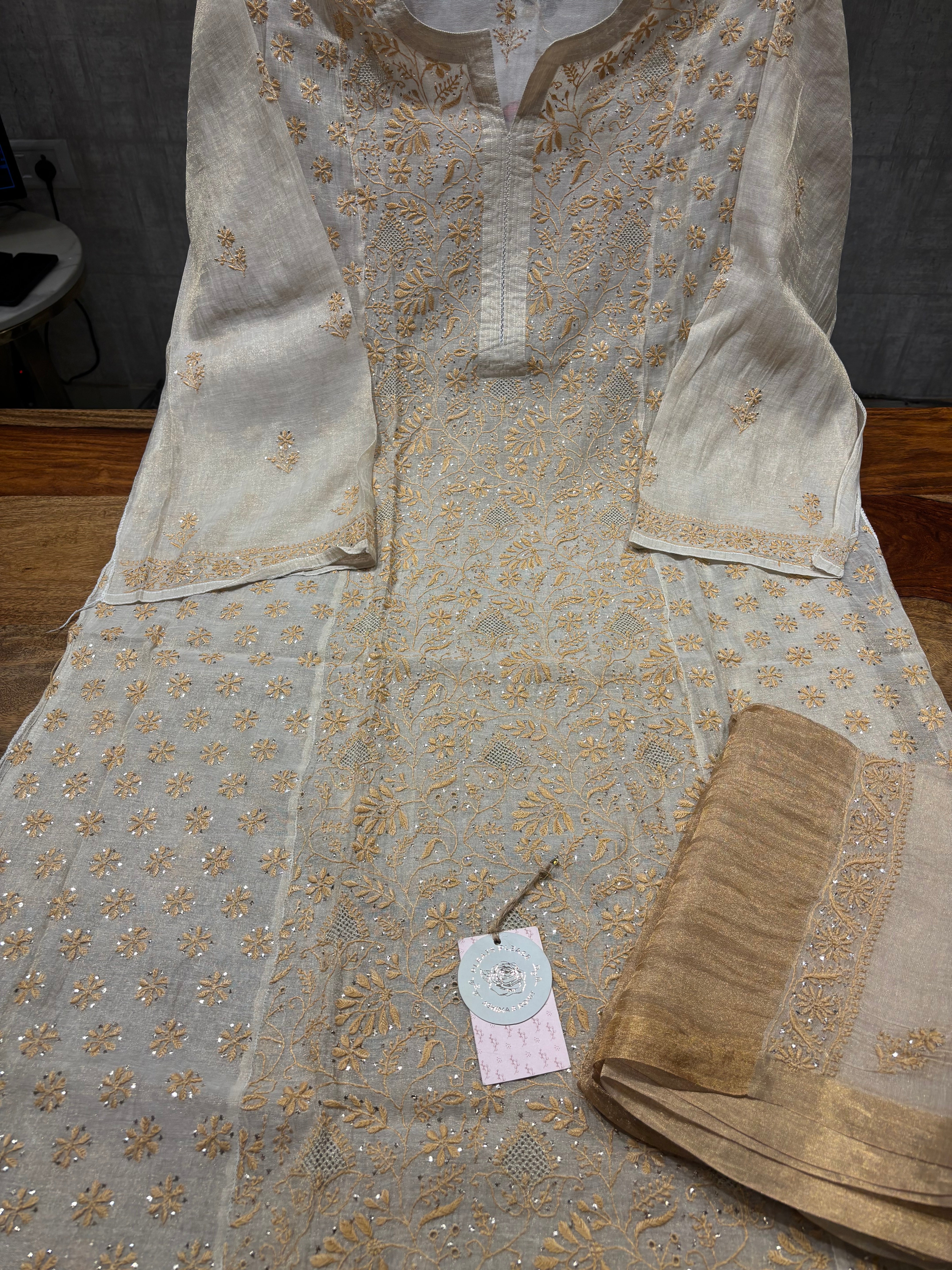 Dyeable Pure and Premium Tissue Chikankari & Mukaish kurta and Dupatta set