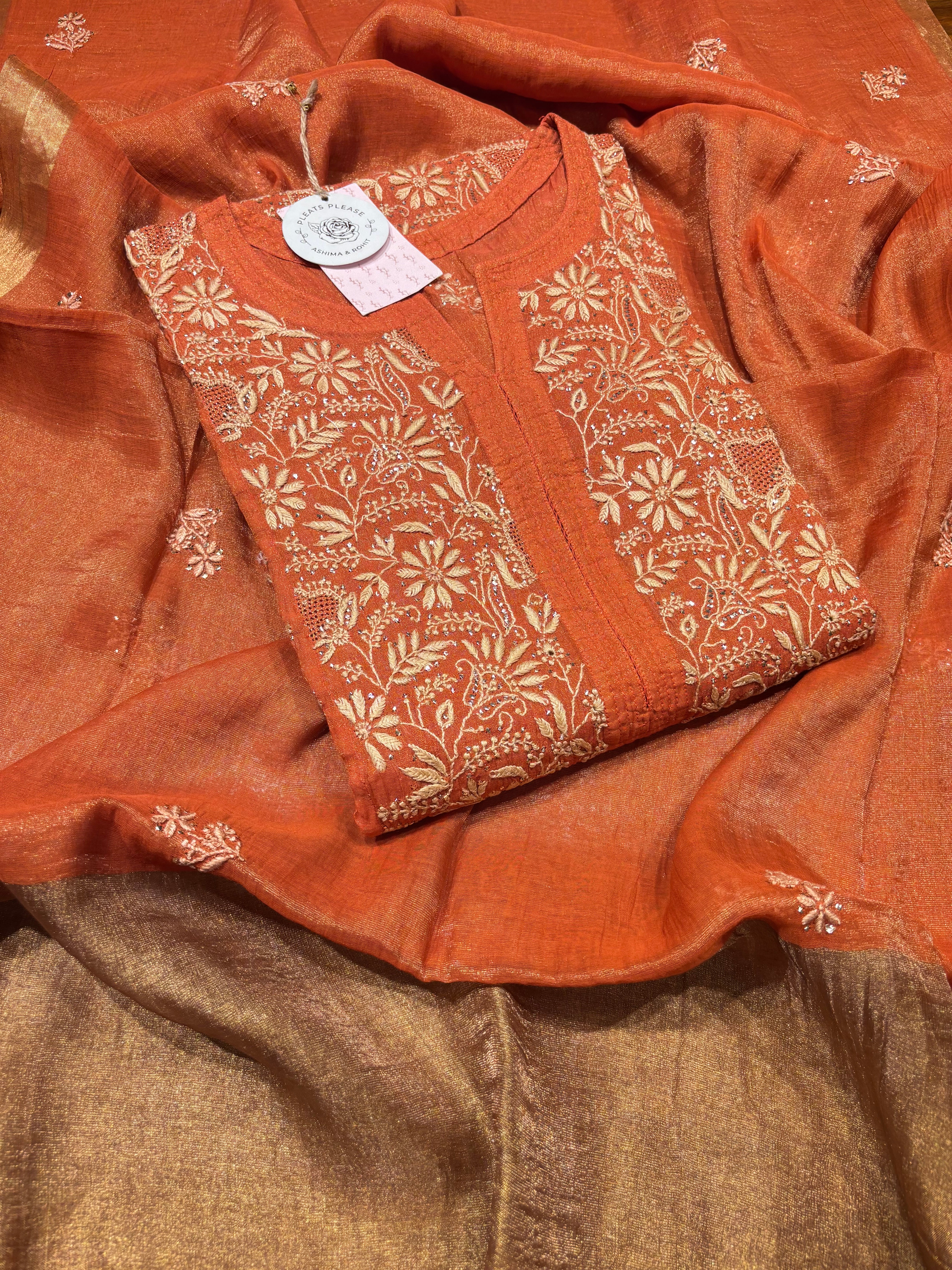 Burnt Orange Pure Tissue Chikankari Kurta and Dupatta set