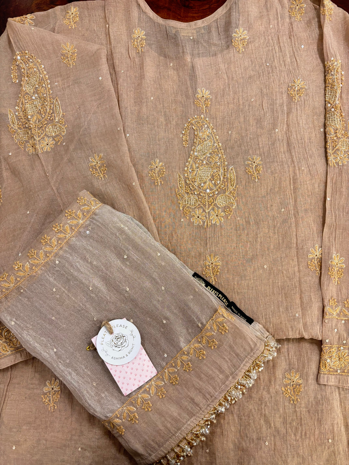 Antique Beige Pure & Premium Tissue Chikankari Kurta & Dupatta