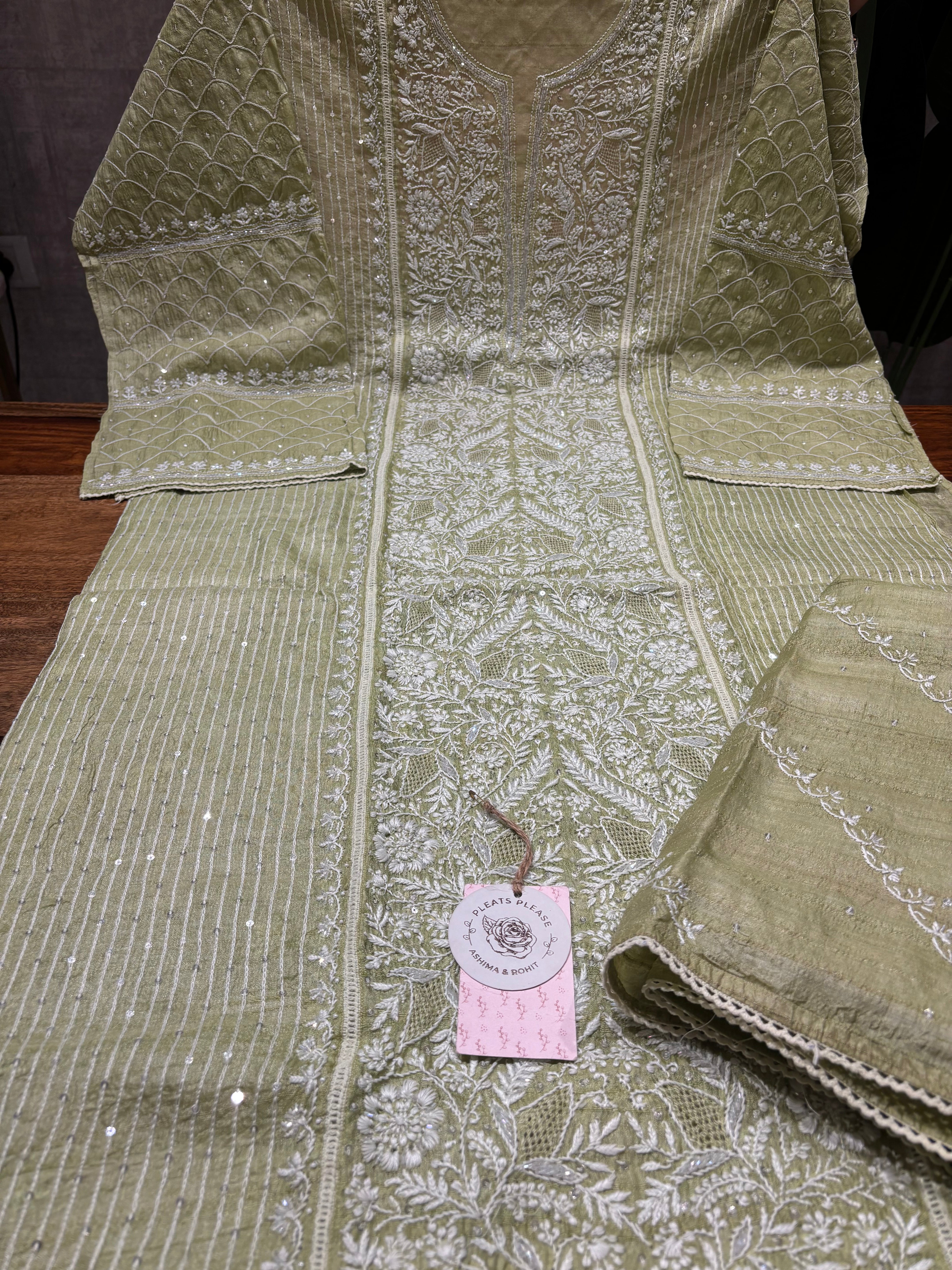 Sage Green Tussar Silk Chikankari Kurta And Dupatta Set