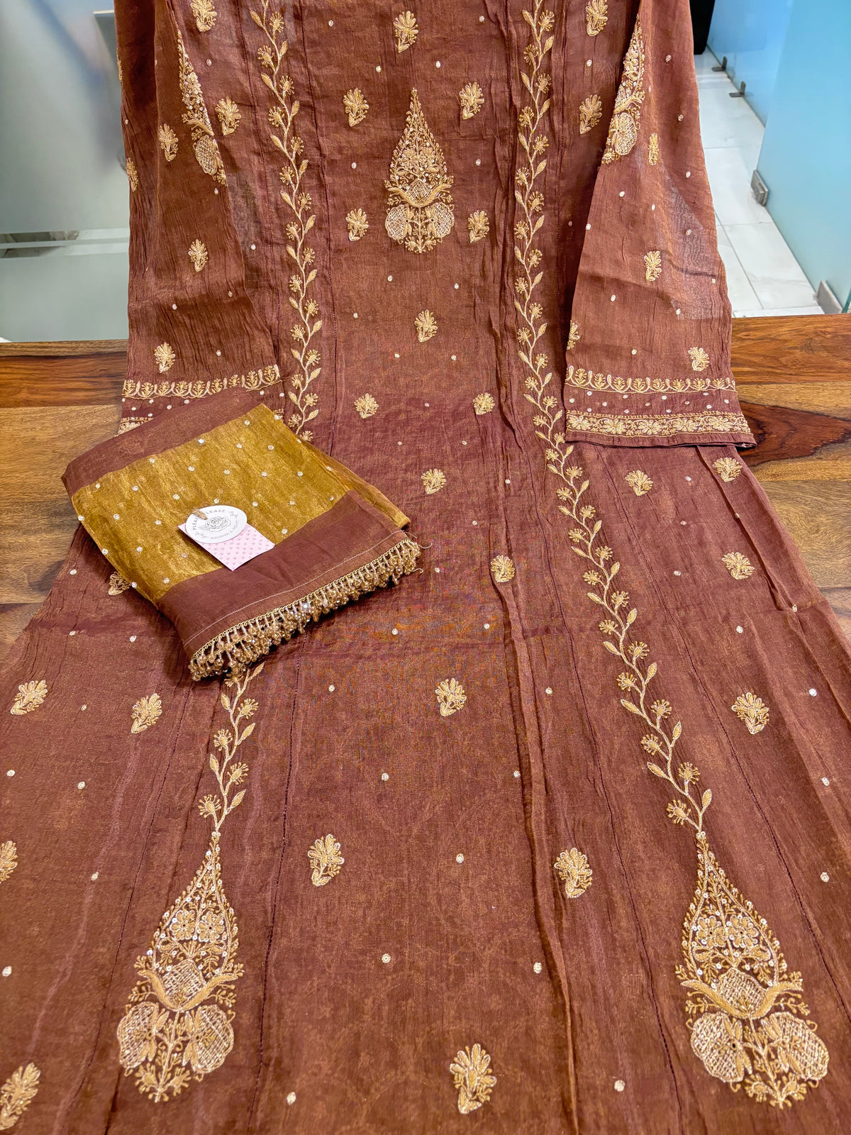 Walnut Brown Pure & Premium Tissue Chikankari Kurta & Dupatta
