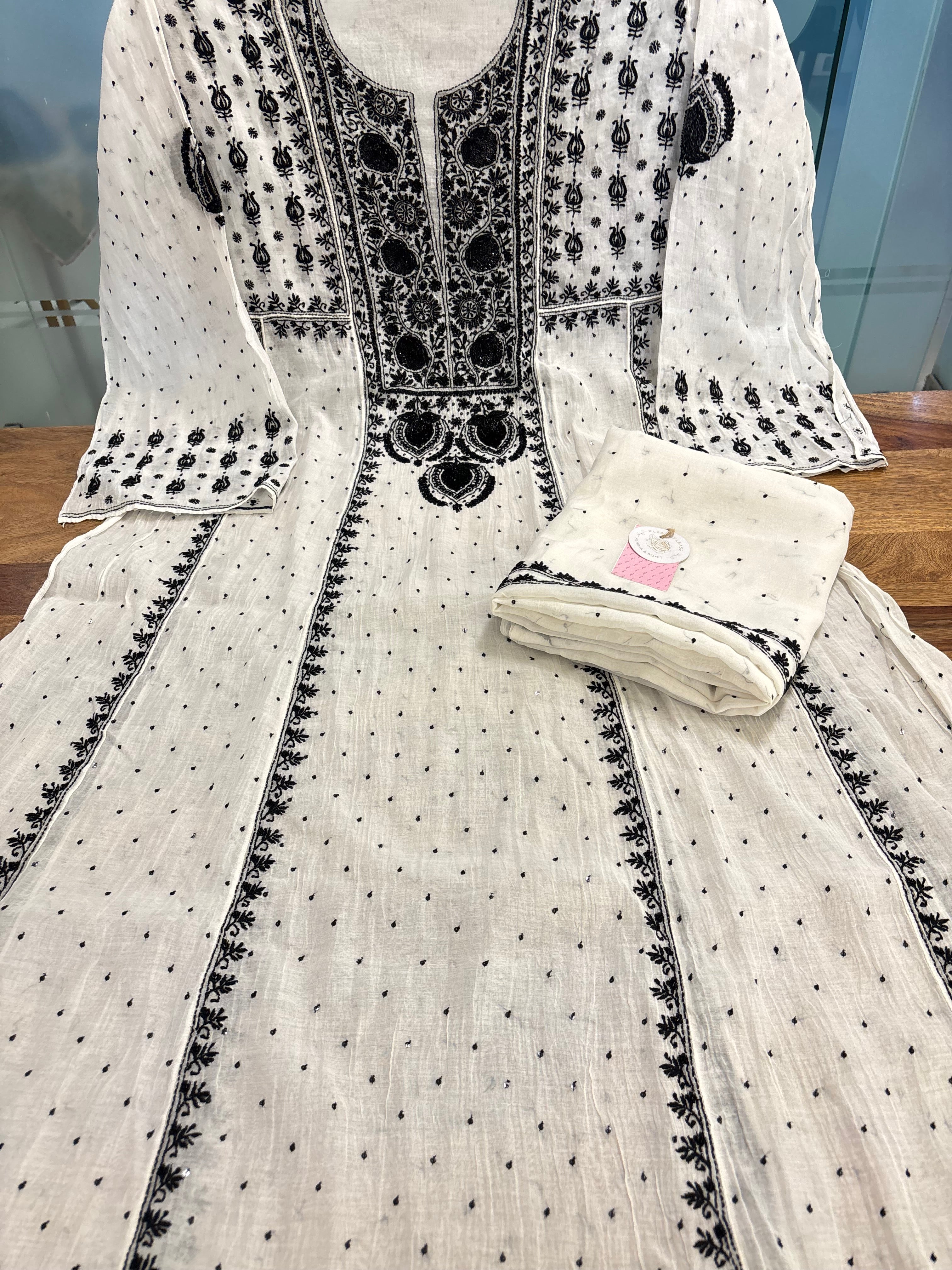 Dyeable Chanderi Black & White A-Line Kurta & Dupatta Set