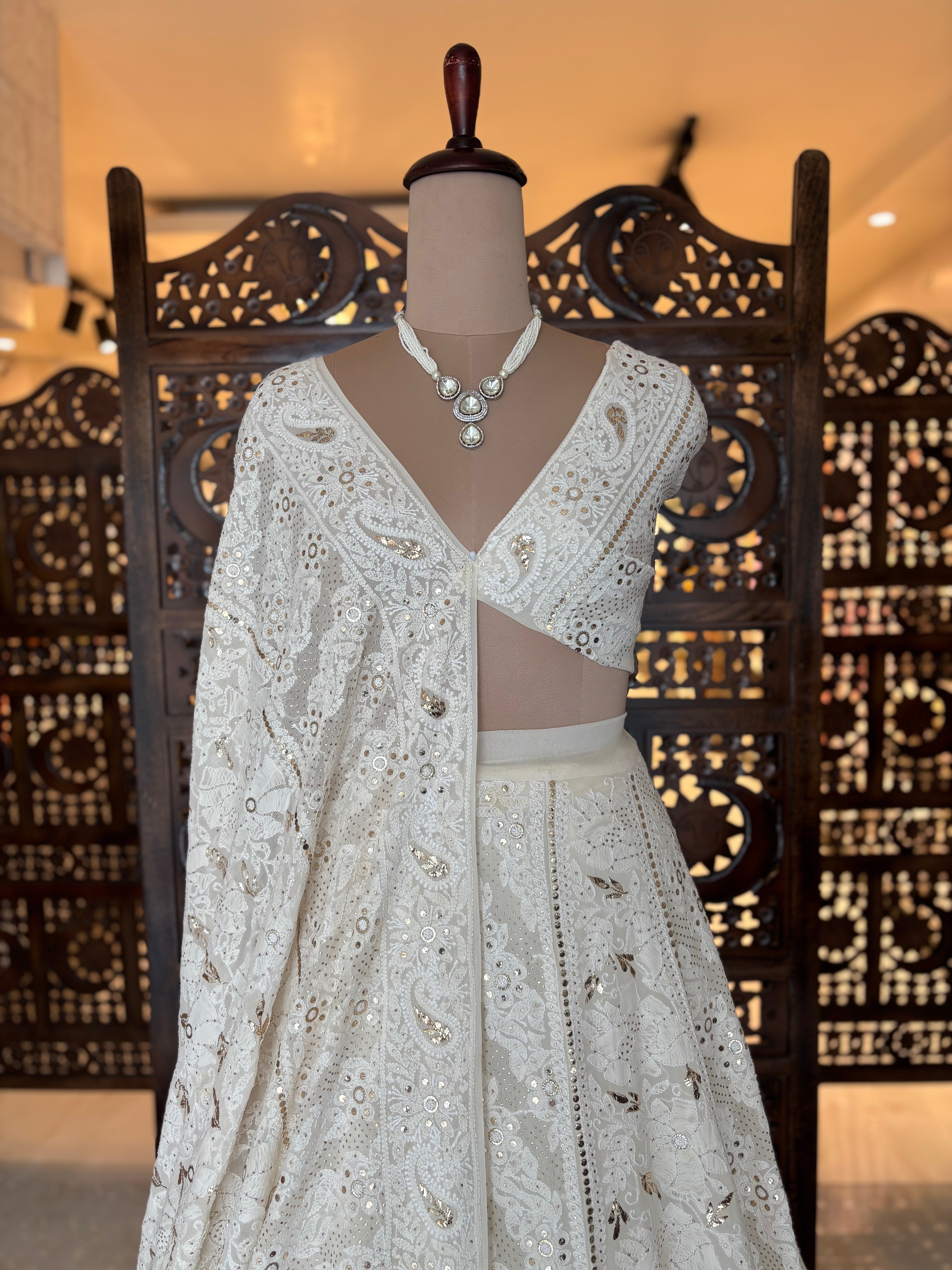 Dyeable Pure & Premium Georgette Mukaish Chikankari Lehenga