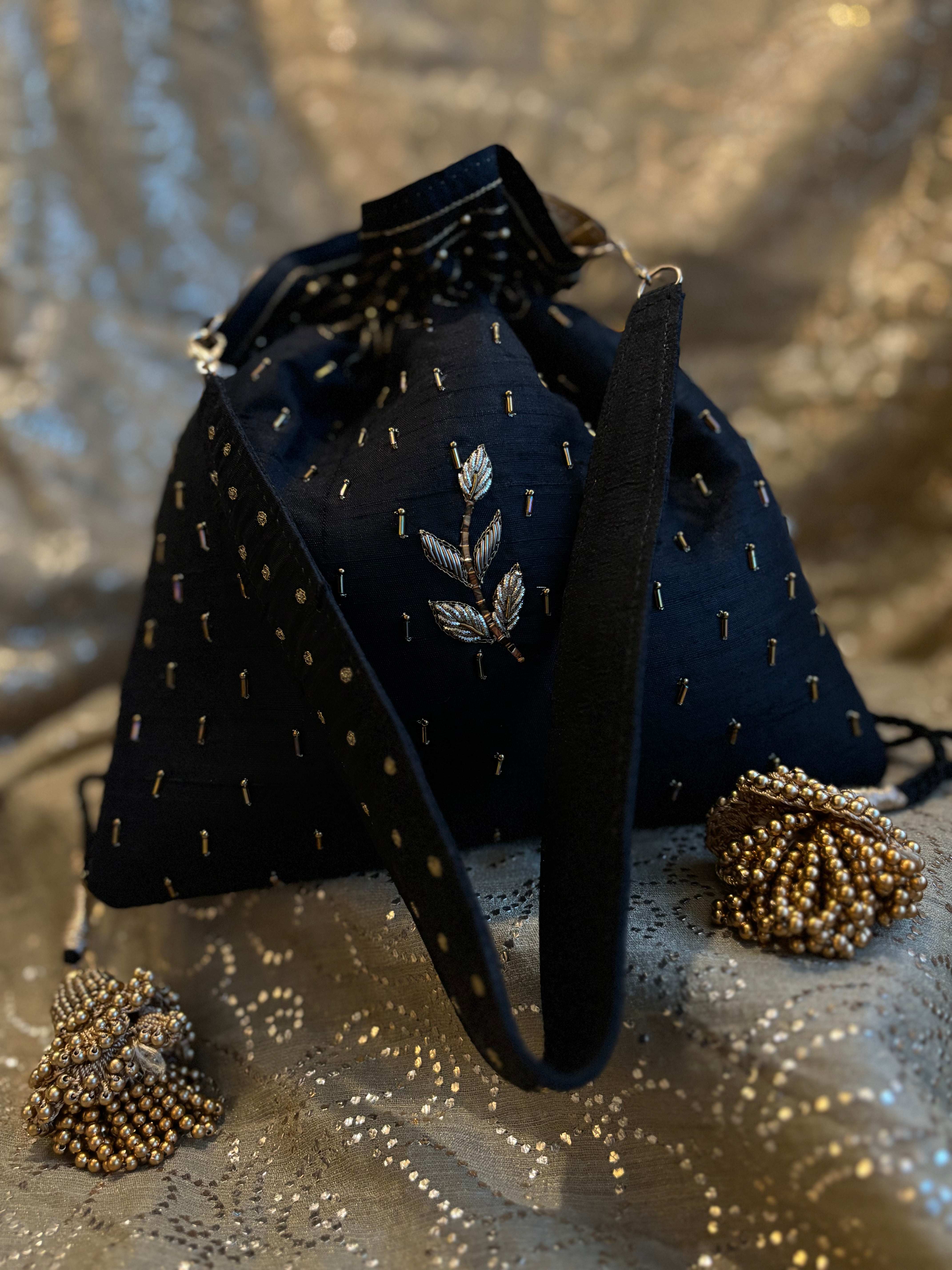 Black Zardozi & Mukaish Potli - Pleats PleaseChikankari