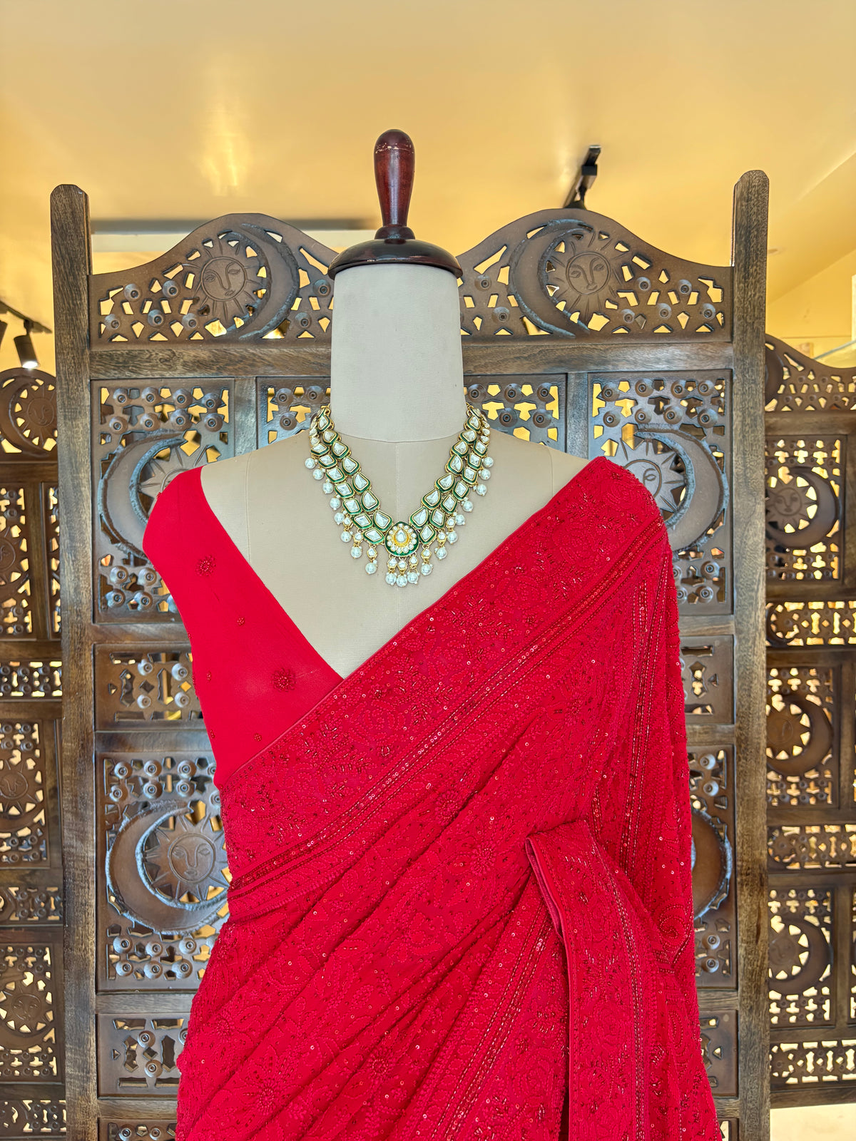 Crimson Red Pure & Premium Georgette Chikankari Saree - Pleats PleaseChikankari