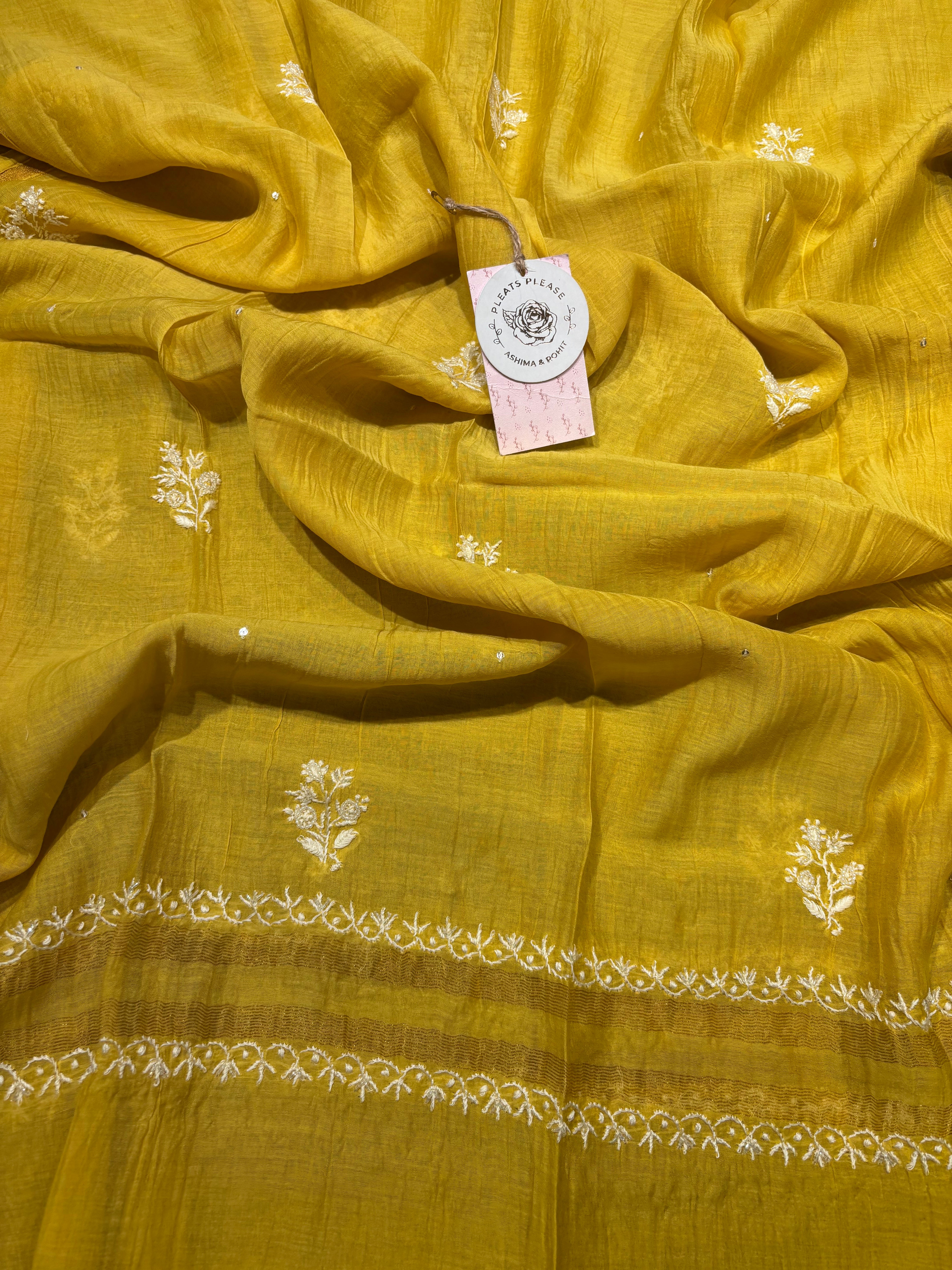 Yellow Chanderi Mul Chikankari kalidar Kurta and Dupatta set