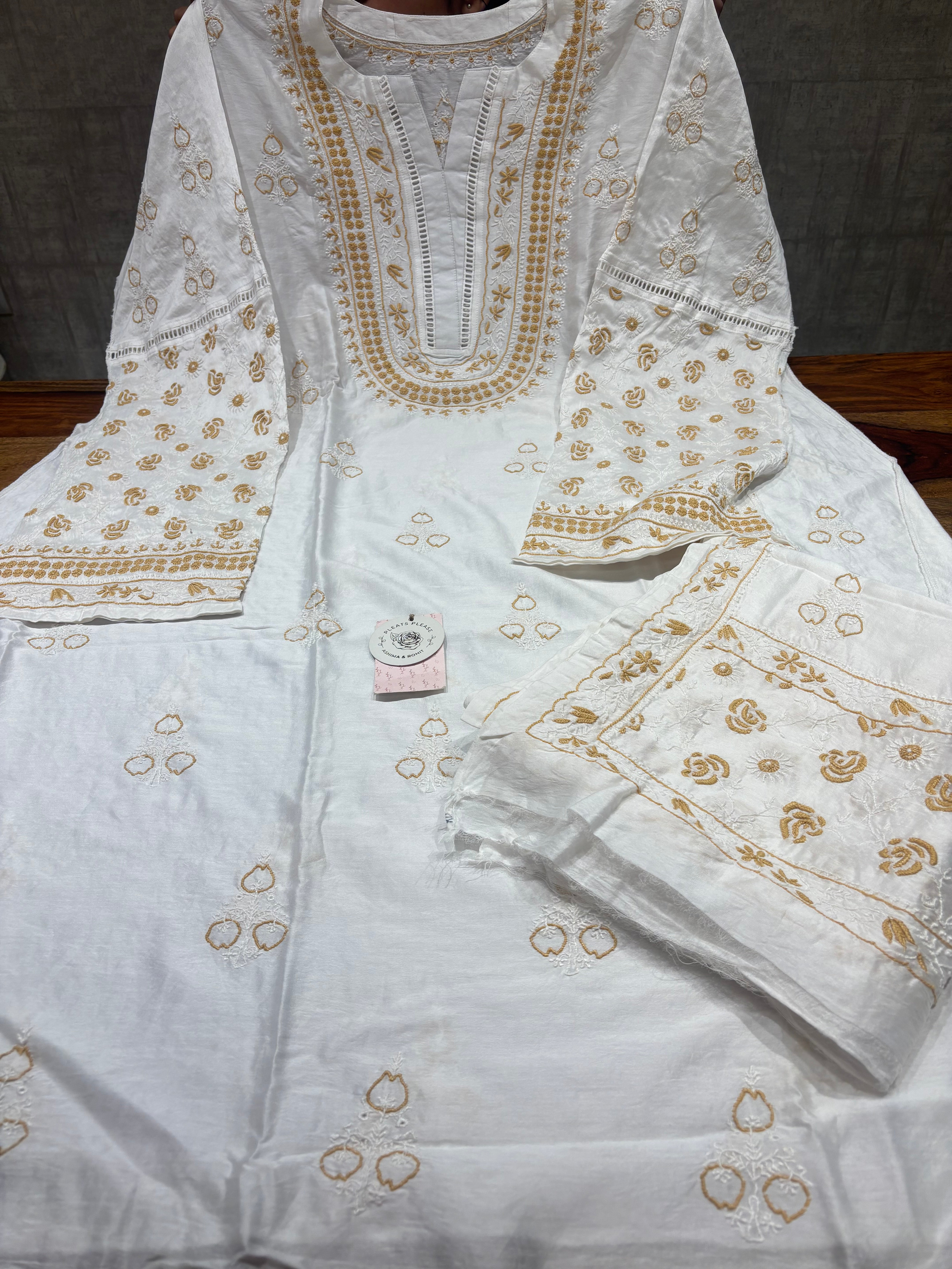 Dyeable  Chanderi  Silk Chikankari Kurta & Dupatta Set