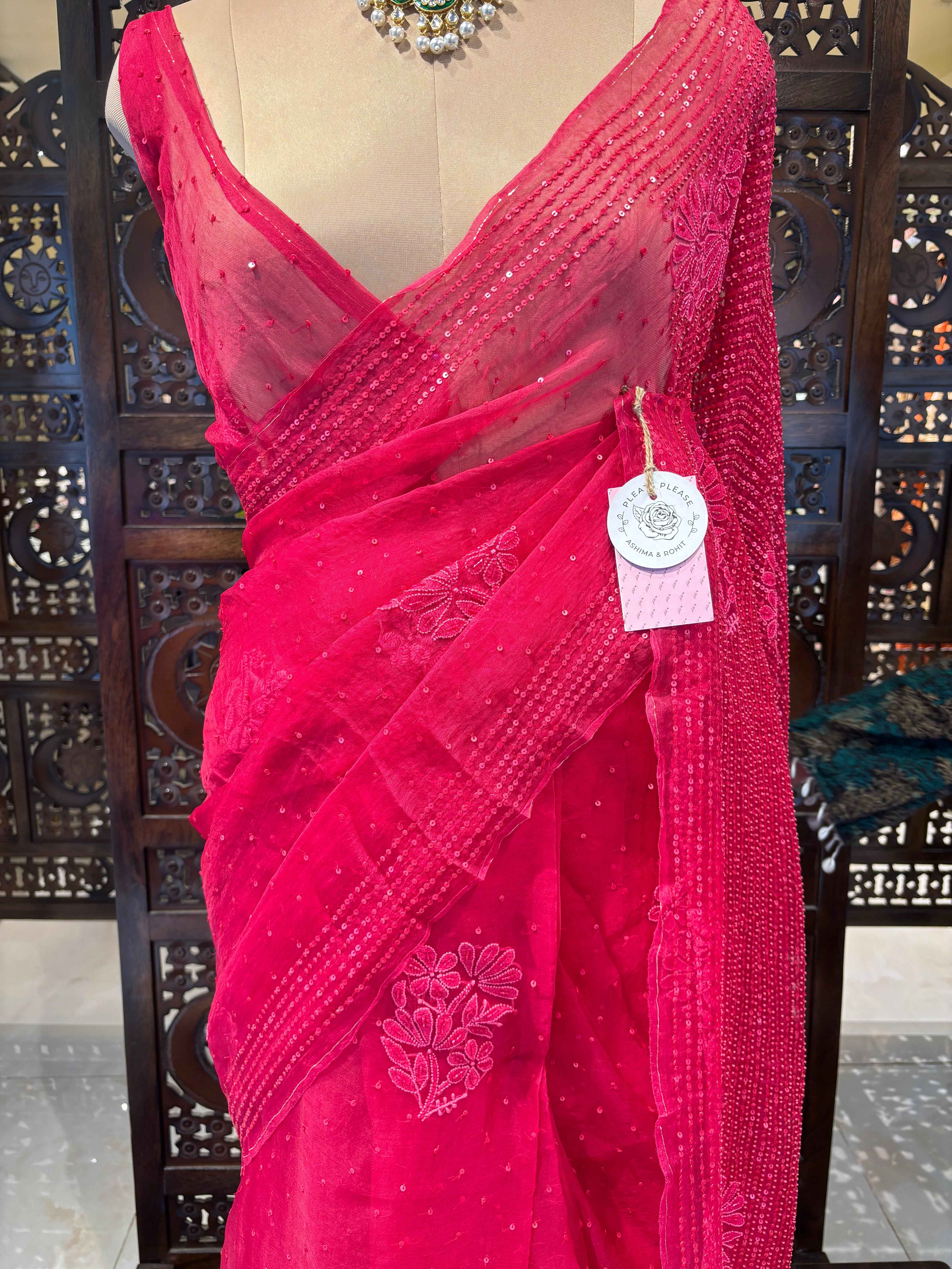 Fuchsia Pink Pure Organza Chikankari Saree