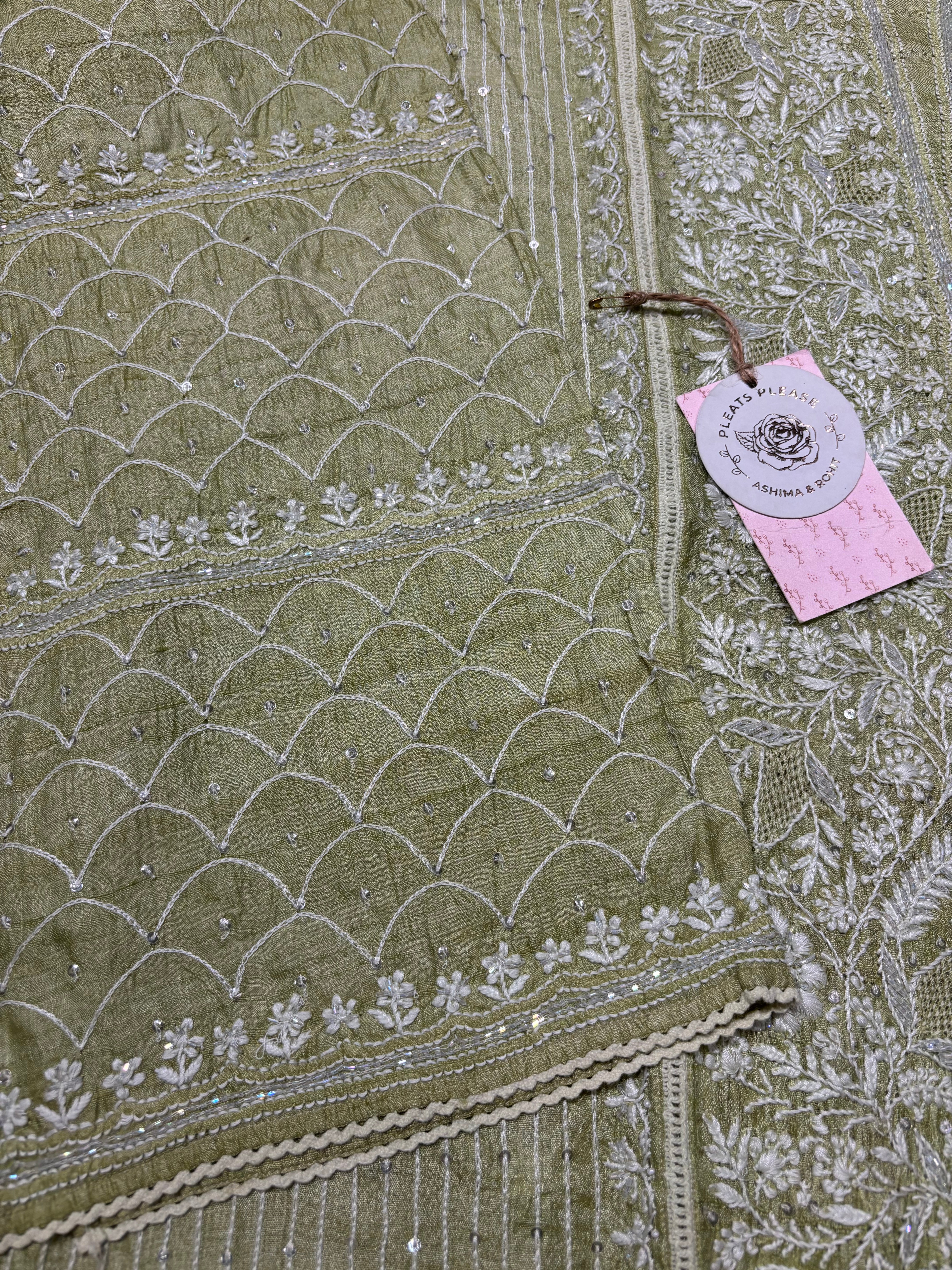 Sage Green Tussar Silk Chikankari Kurta And Dupatta Set