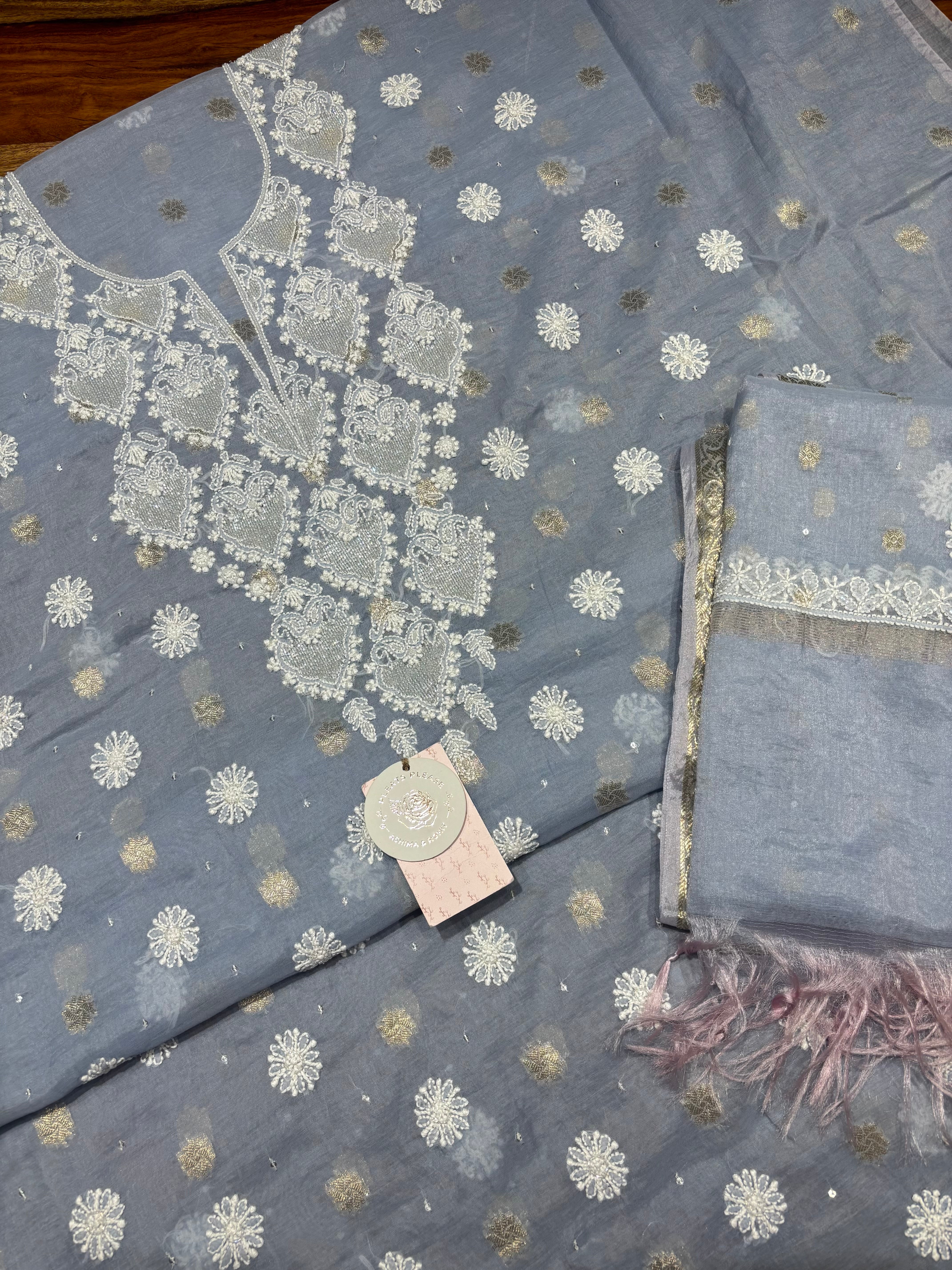 Powder Blue Chanderi Silk Chikankari Kurta & Dupatta Fabric