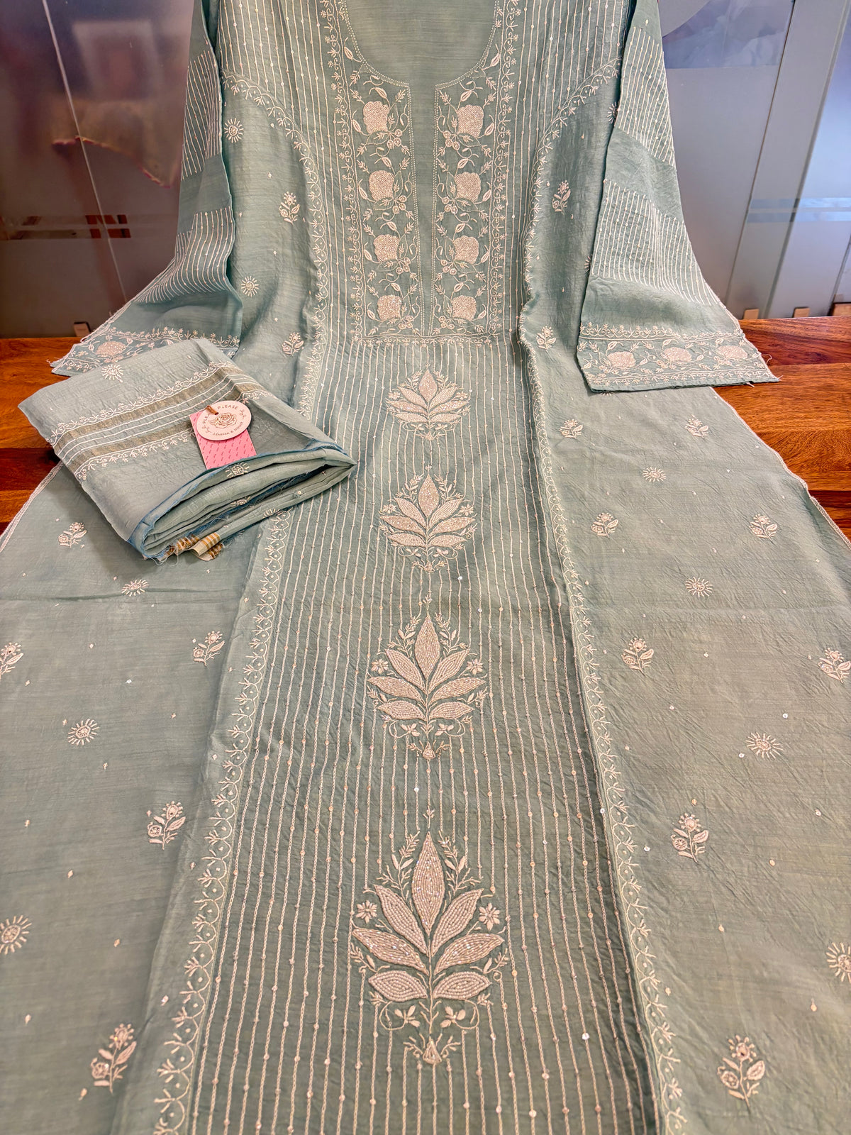 Pastel Mint Green Monga Silk Chikankari Kurta & Dupatta - Pleats PleaseChikankari