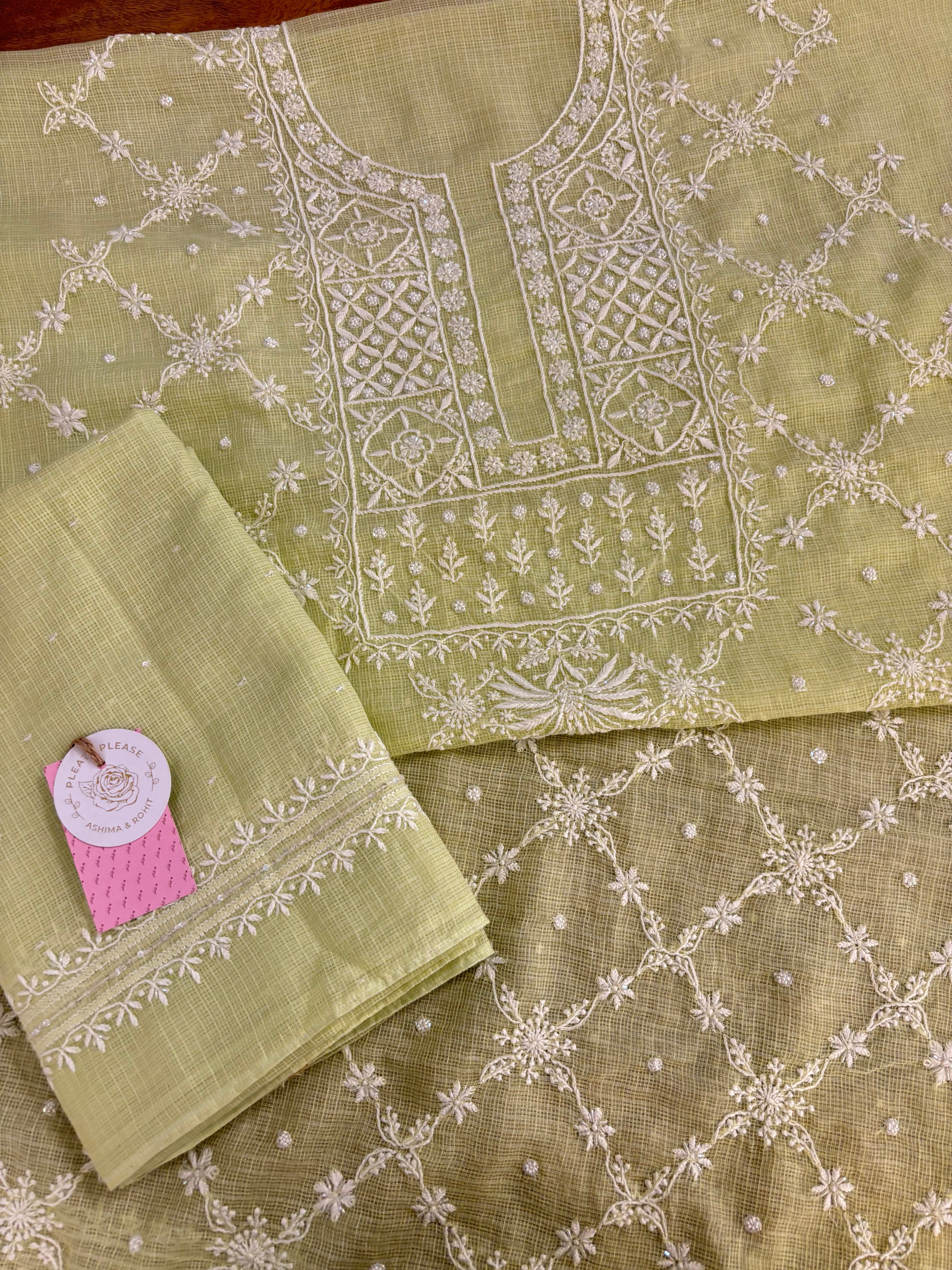 Pistachio Green Kota Doria Chikankari Kurta & Dupatta