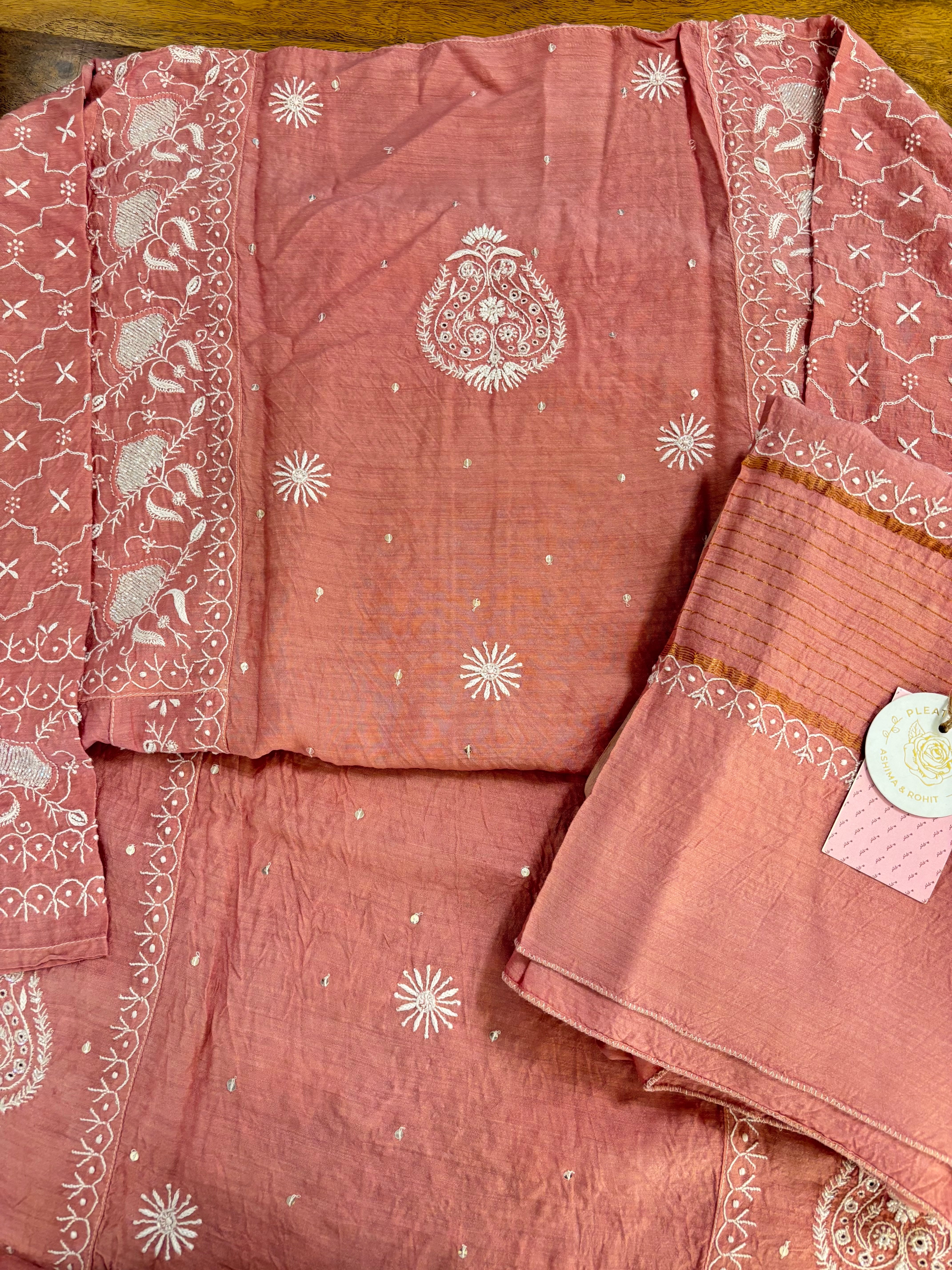 Peach Monga Silk Chikankari Anarkali & Dupatta Set