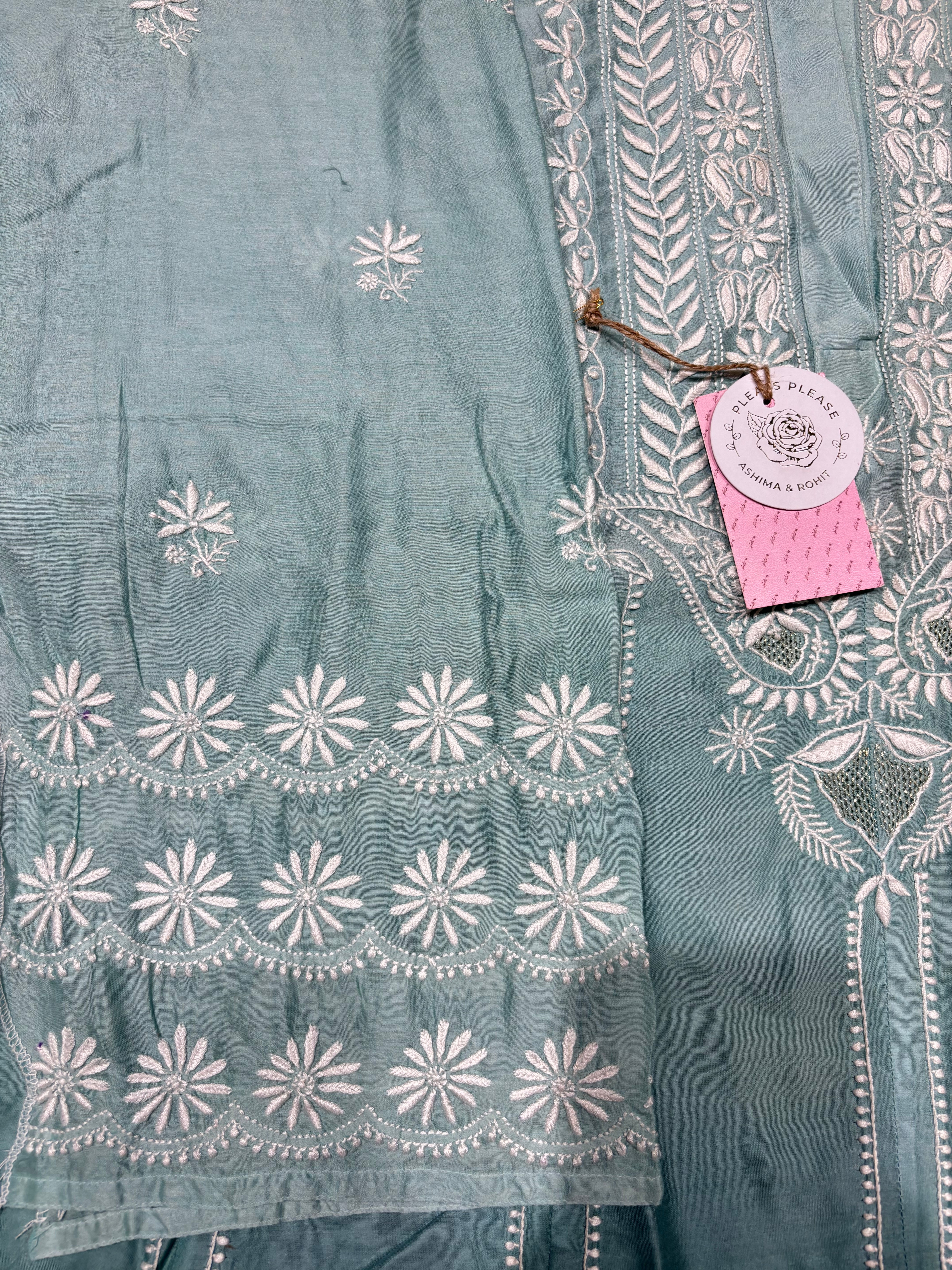 Aqua Blue Chanderi Silk Chikankari Anarkali & Dupatta Set