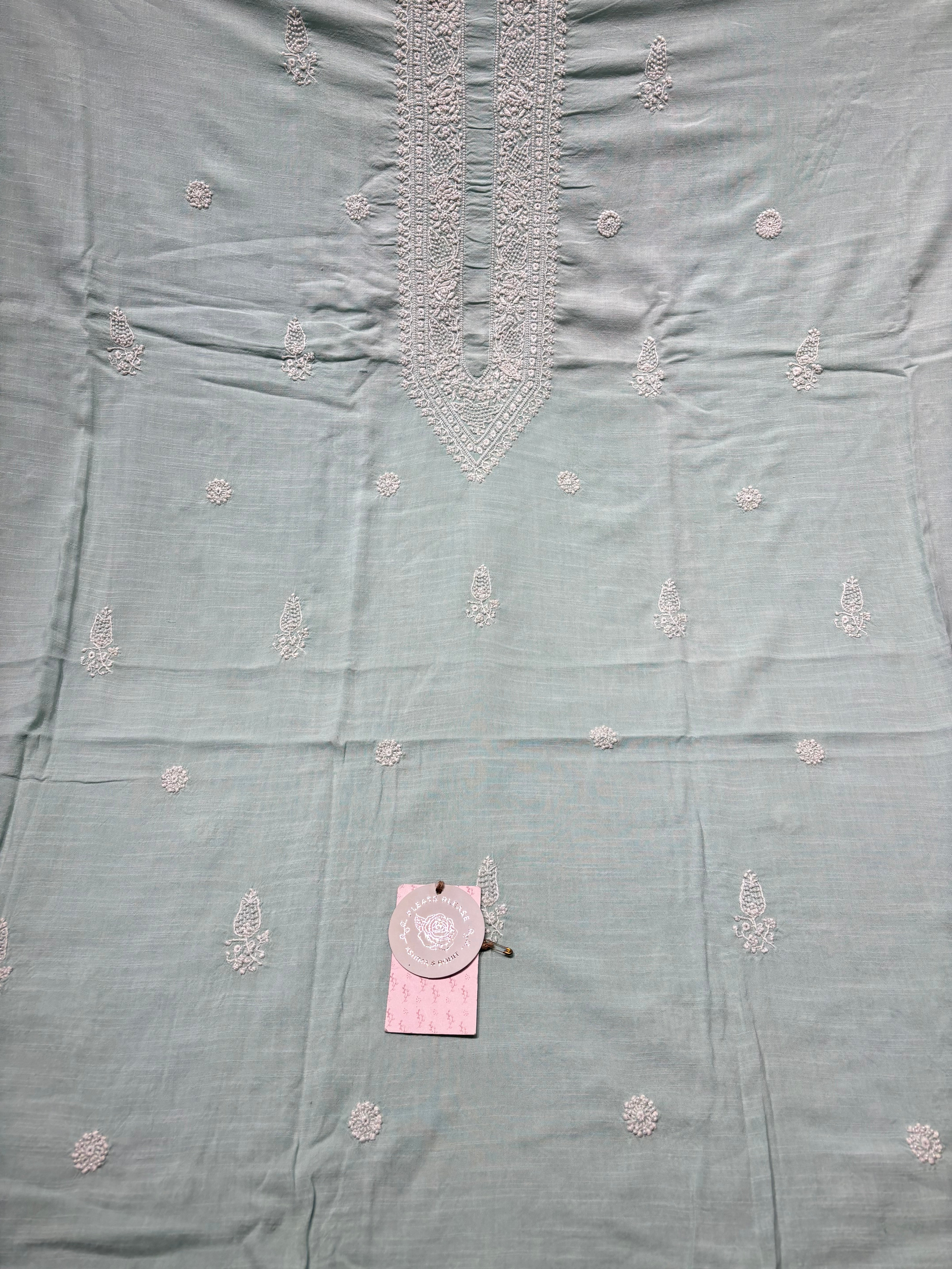 Cadet Blue Linen Chikankari Men's Kurta Fabric