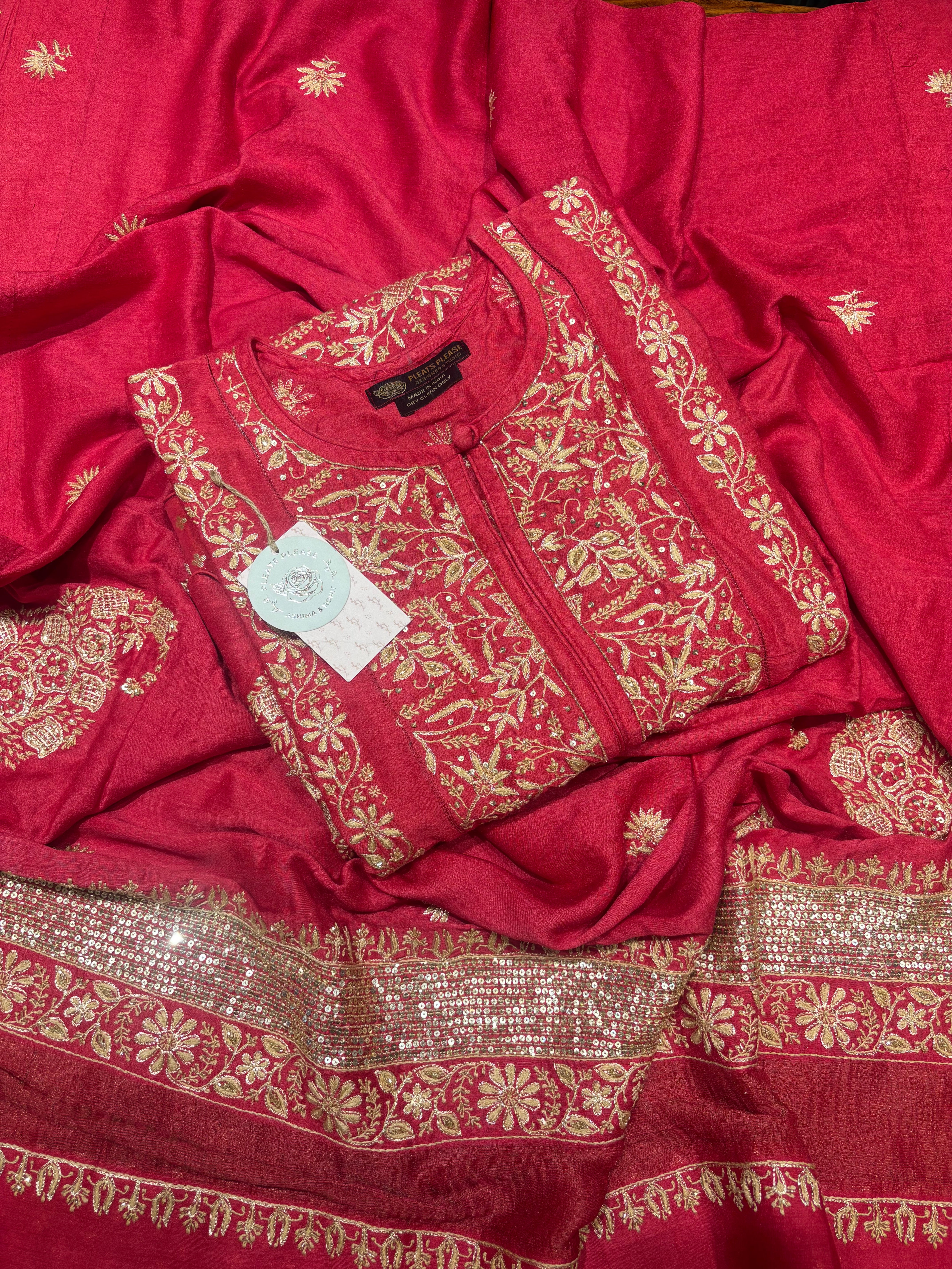 Red Monga Silk Chikankari A-line Anarkali & Dupatta Set