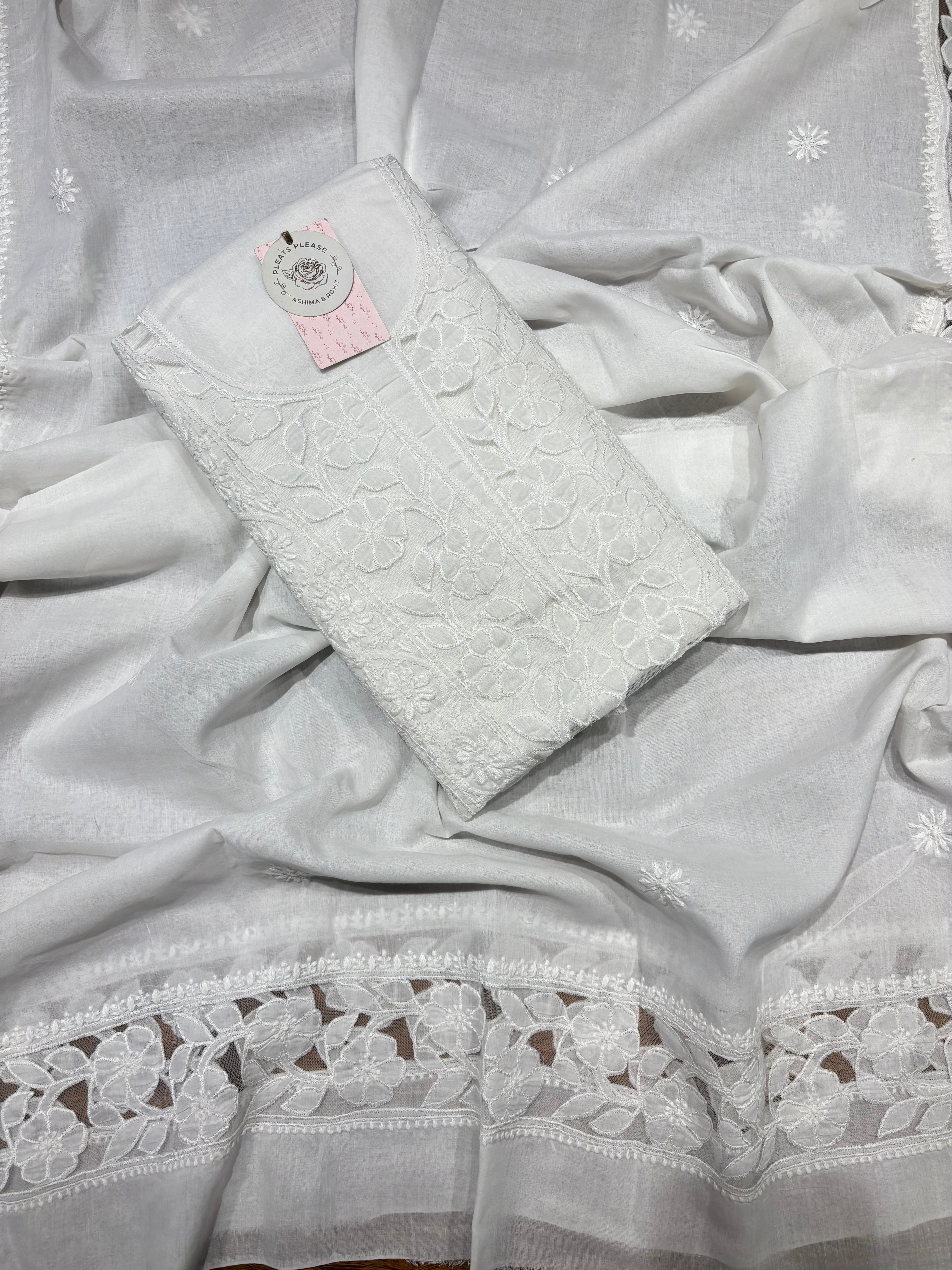 White Mulmul Soft Net Chikankari Applique Kurta And Dupatta Fabric