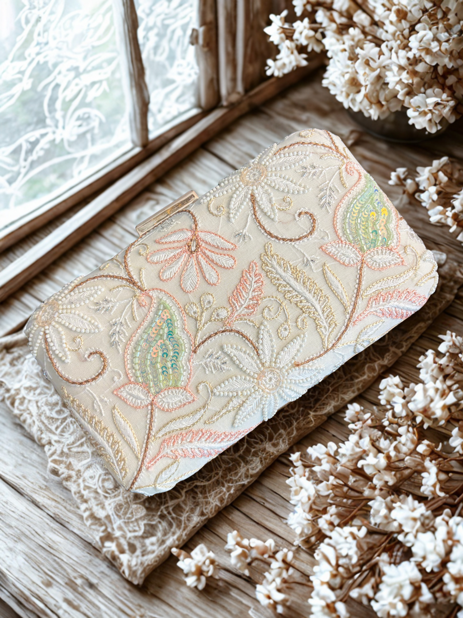 Off White Chikankari Clutch