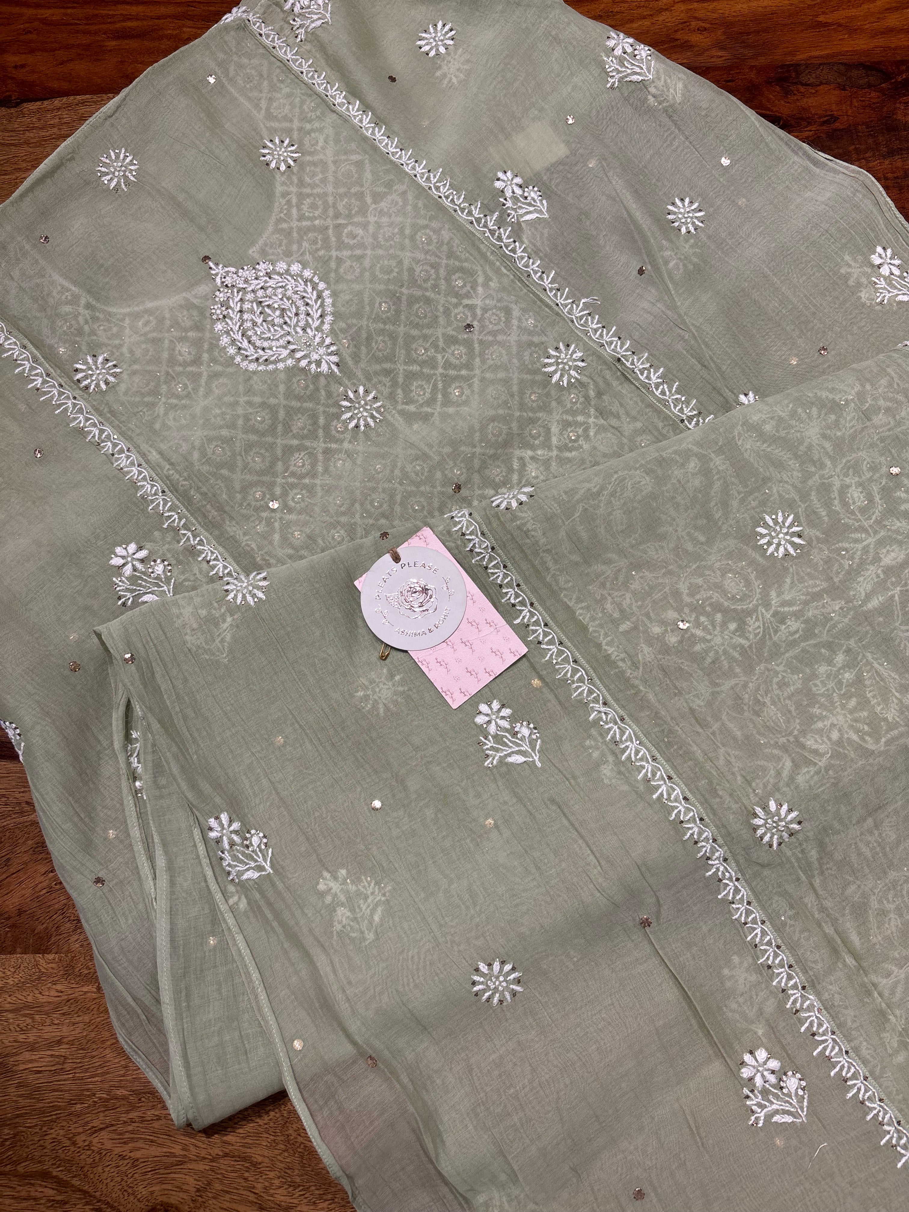 Sage Green Chanderi Mul Chikankari Kurta and Dupatta set
