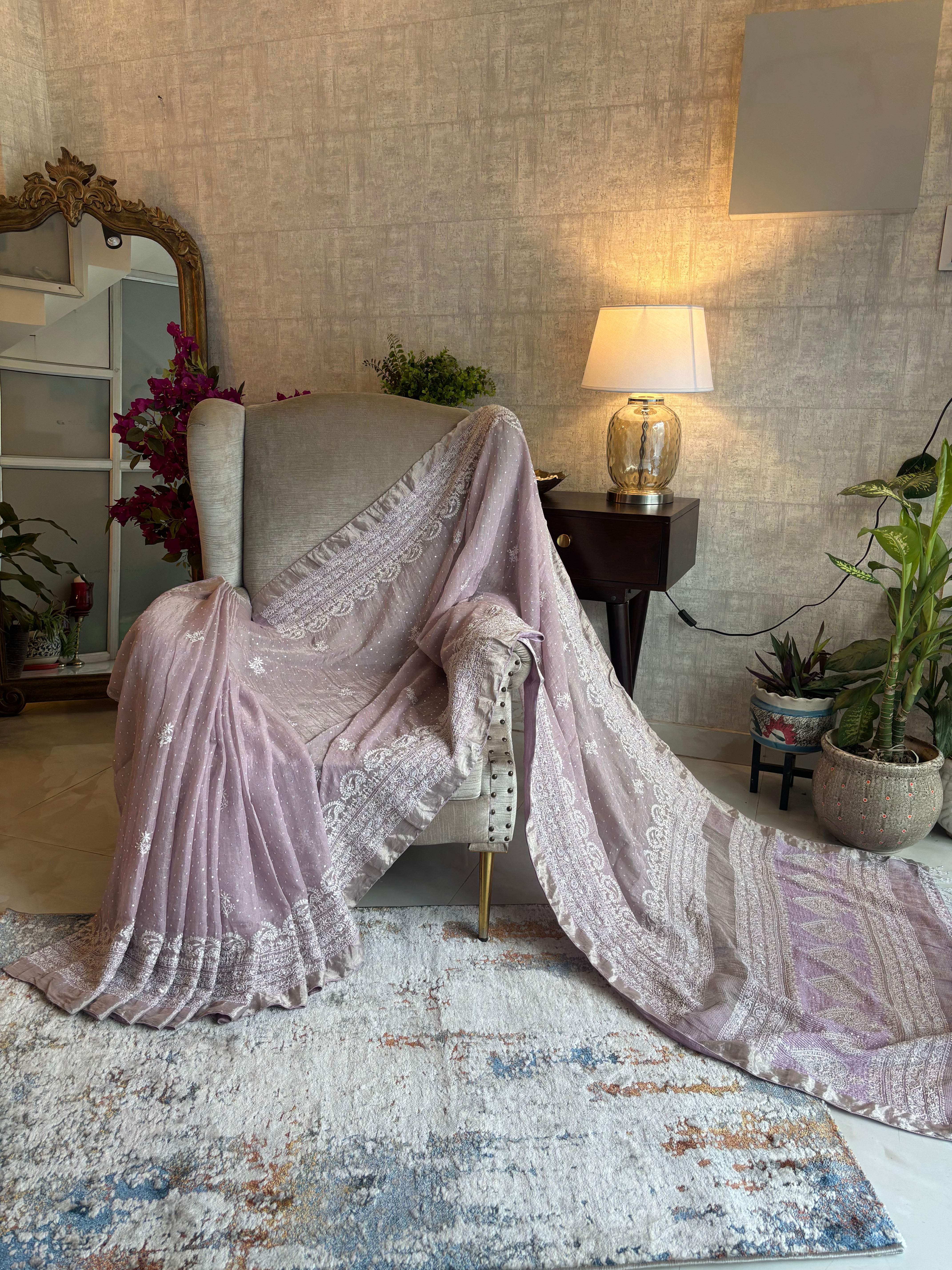 Lavender Pure and Premium Tissue Chikankari  Saree and Blouse