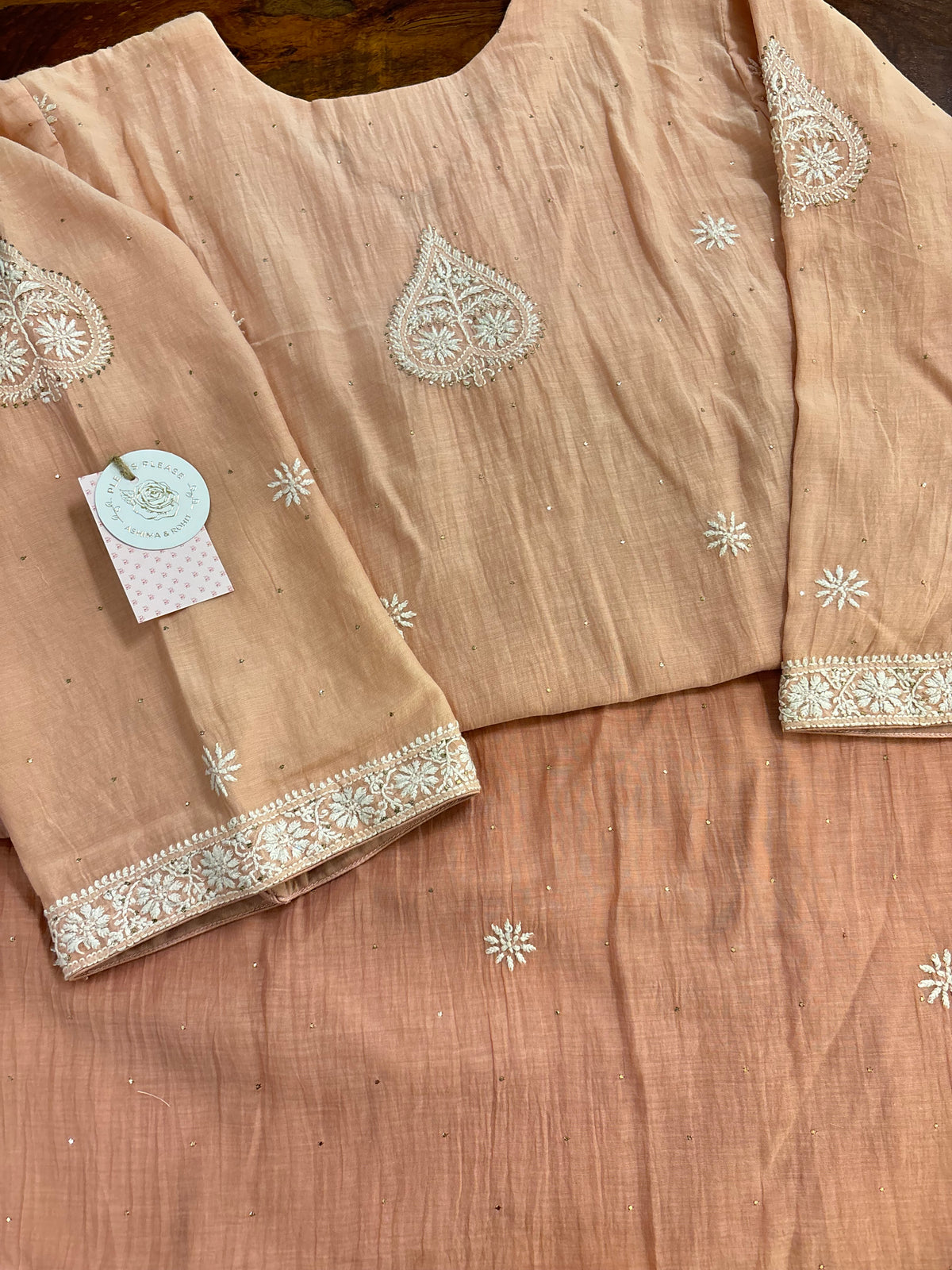 Peach Ombré Chanderi Mul Chikankari Mukaish Kurta, Dupatta & Bottom