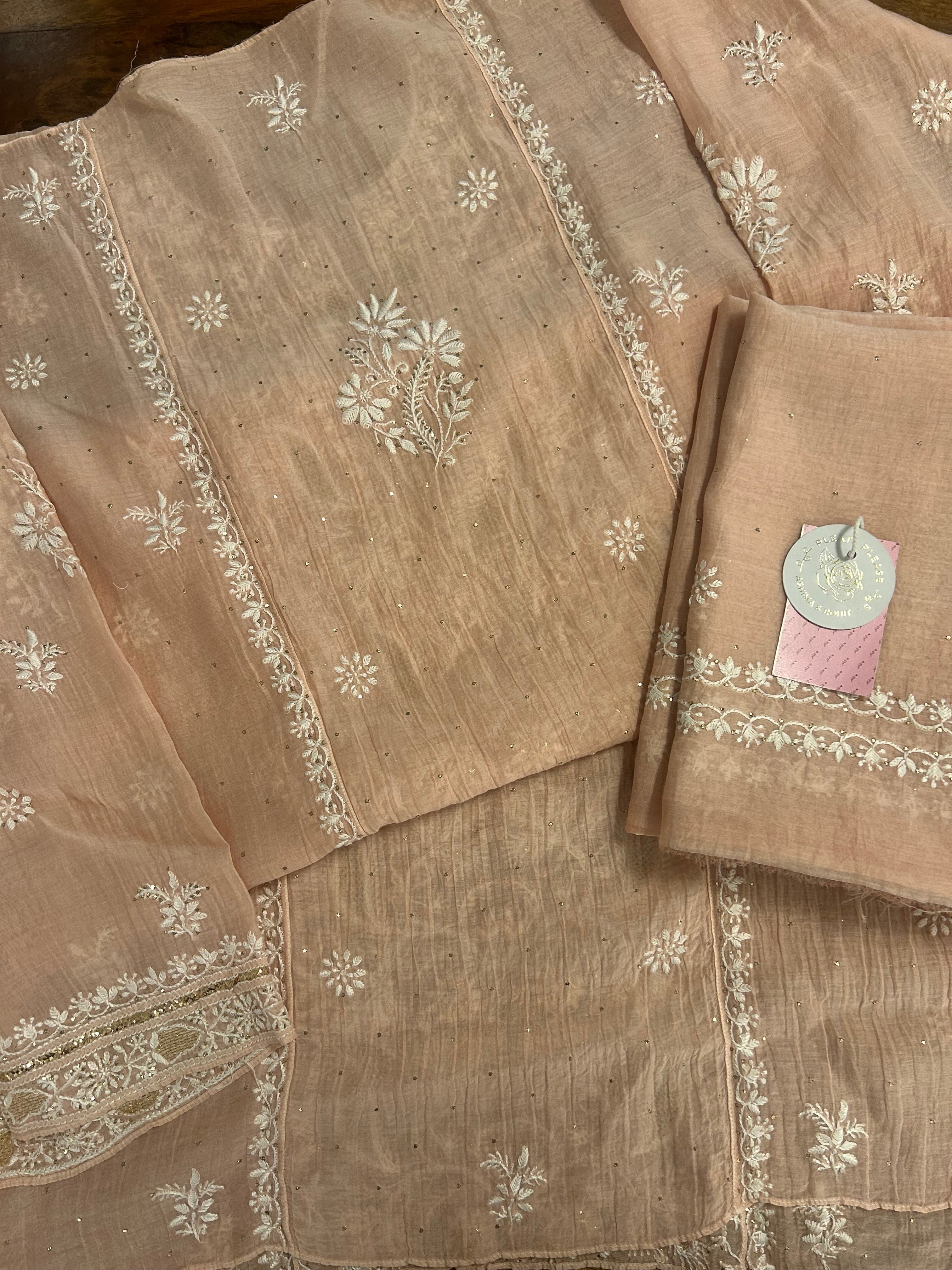 Dusty peach Chanderi Chikankari Mukaish Kurta & Dupatta - Pleats PleaseChikankari