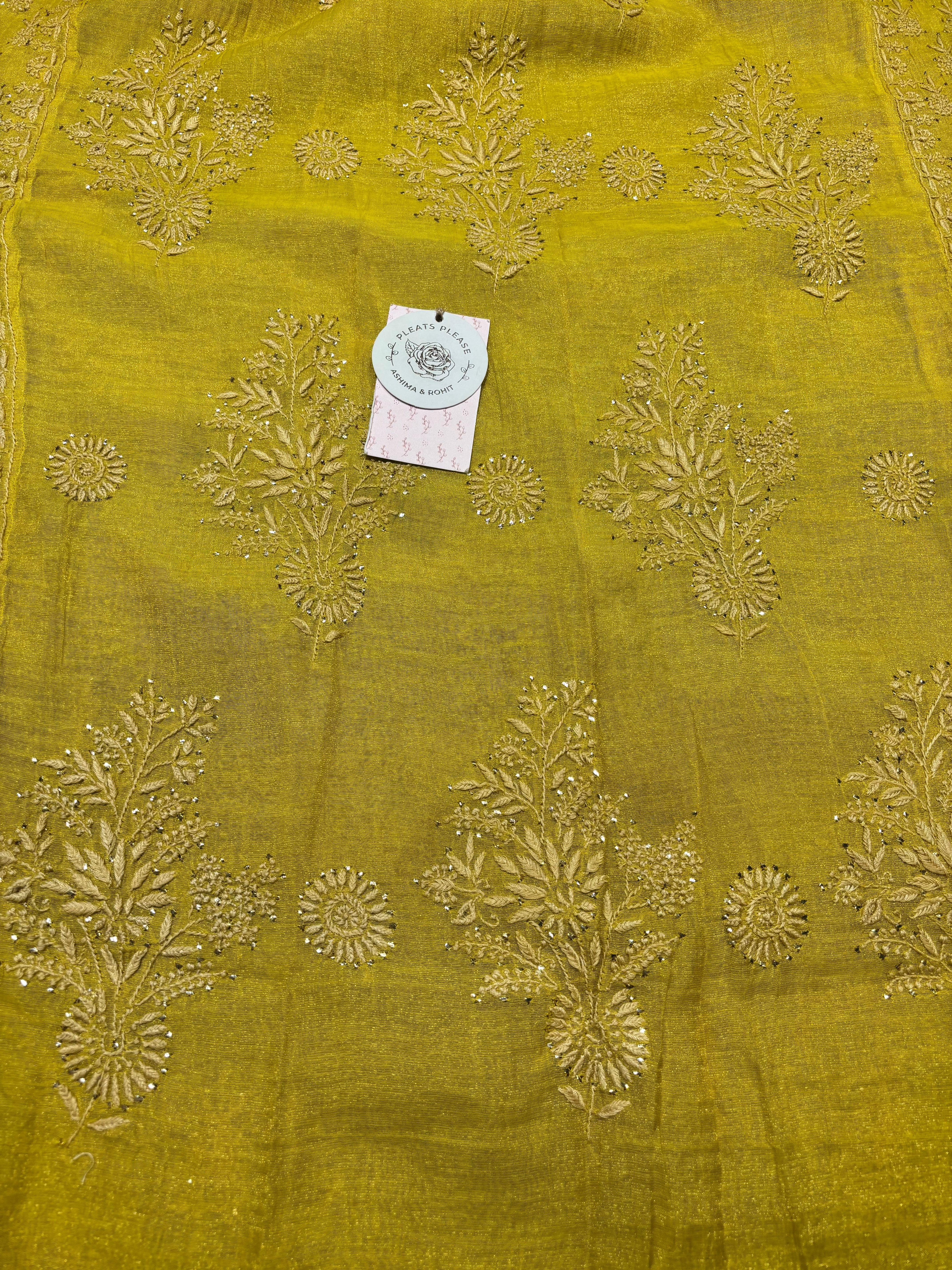 Yellow Pure and Premium Tissue Chikankari & Mukaish Angrakha and Dupatta Set