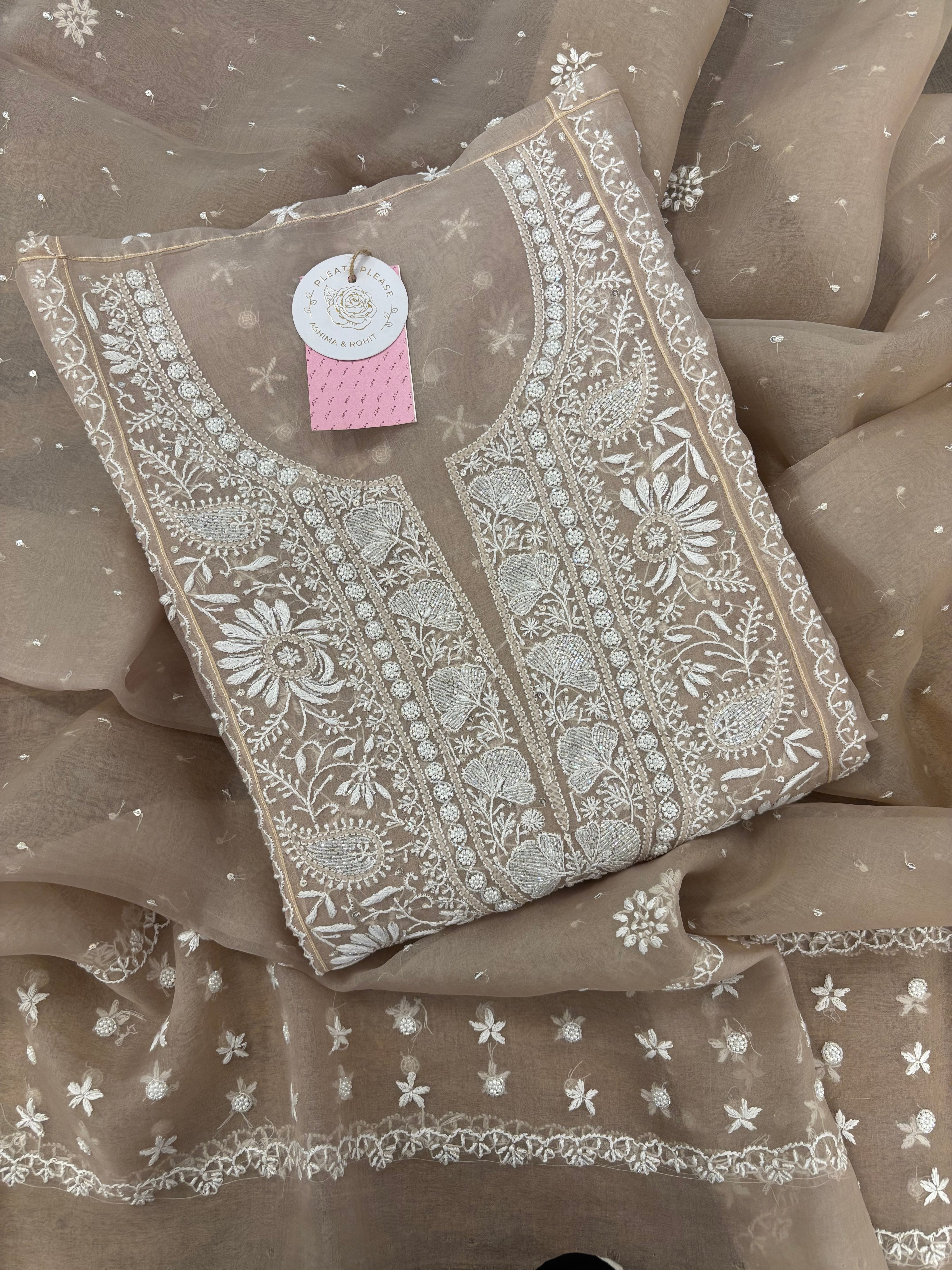 Mocha Brown Pure Organza Chikankari Kurta & Dupatta