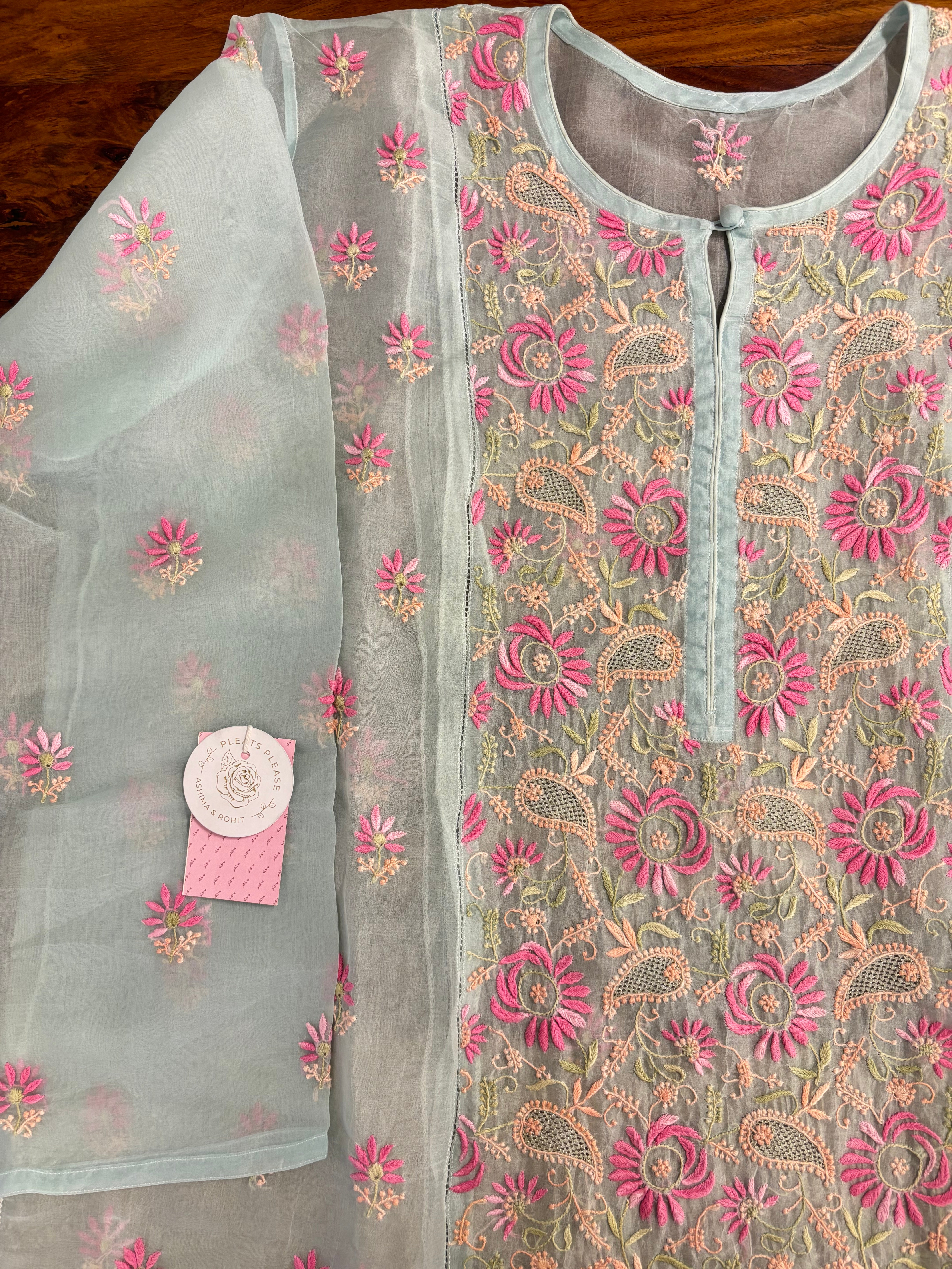 Sea Foam Green Organza Chikankari Kurta & Dupatta - Pleats PleaseChikankari